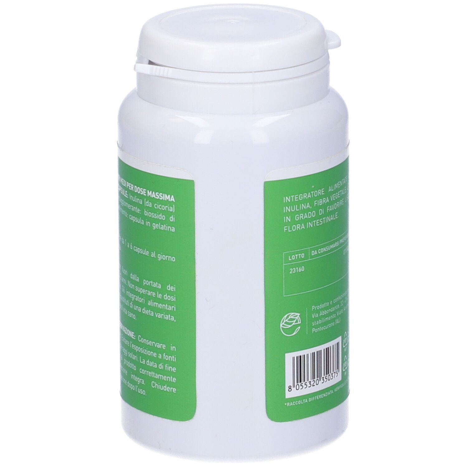 Flacone bianco con etichetta verde. Testo: Inulina, 120 capsule. Informazioni sul dosaggio e ingredienti.
