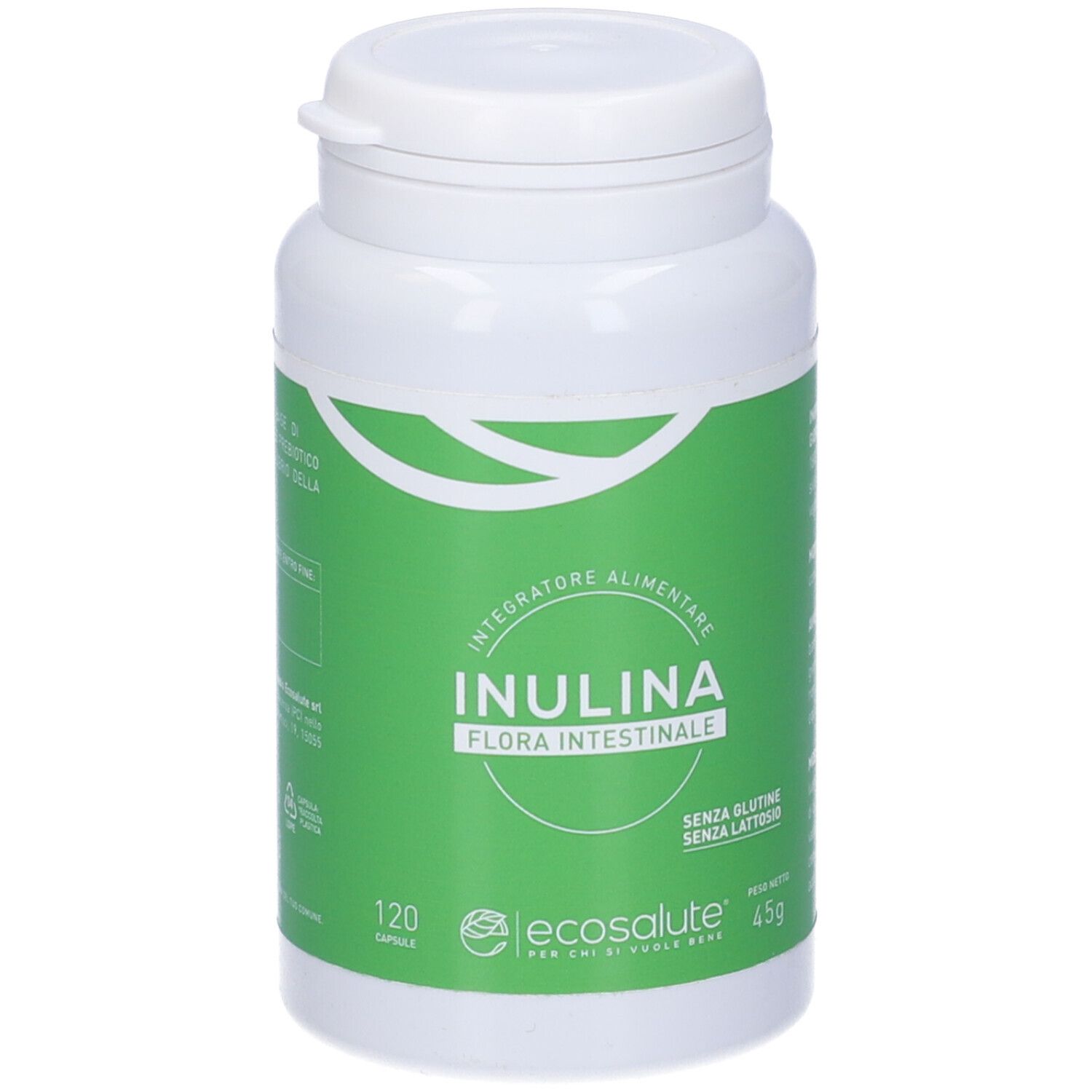 Flacone bianco con etichetta verde. Scritta: Inulina, 120 capsule. Senza glutine, senza lattosio. Marca: Ecosalute. Integratore.