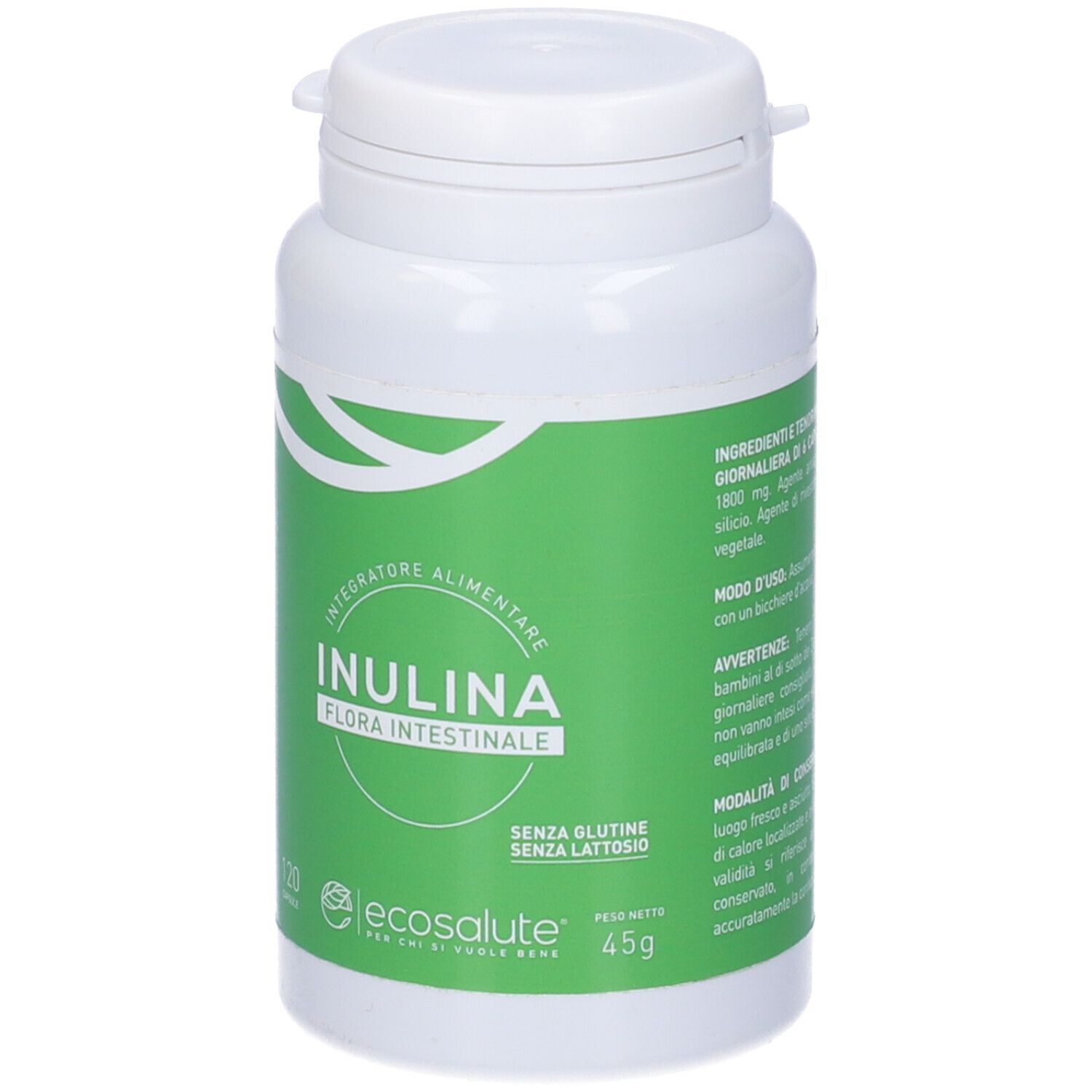 Flacone bianco con etichetta verde. Scritta: Inulina, 120 capsule. Senza glutine, senza lattosio. Marca: Ecosalute. 45g.