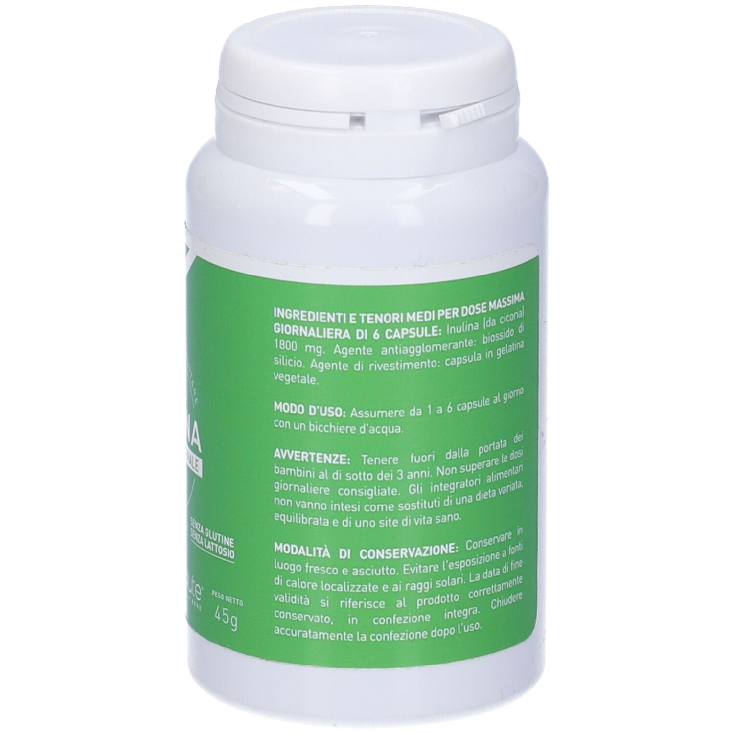 Retro del flacone bianco con etichetta verde. Testo: Ingredienti, dosaggio, avvertenze. 45g.