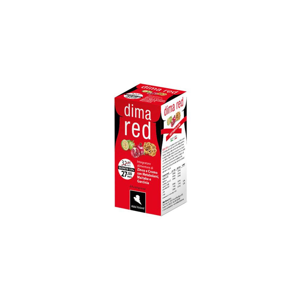 Scatola rossa rettangolare con testo bianco. Scritta "dima red". Illustrazioni di frutta. Testo in italiano.