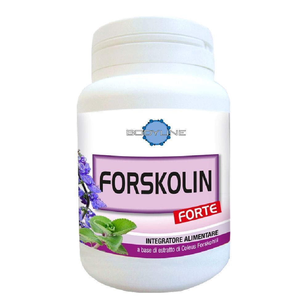 Flacon blanc avec étiquette violette. Inscription: FORSKOLIN FORTE. Logo: Bodyline. Illustration: fleurs et feuilles violettes.
