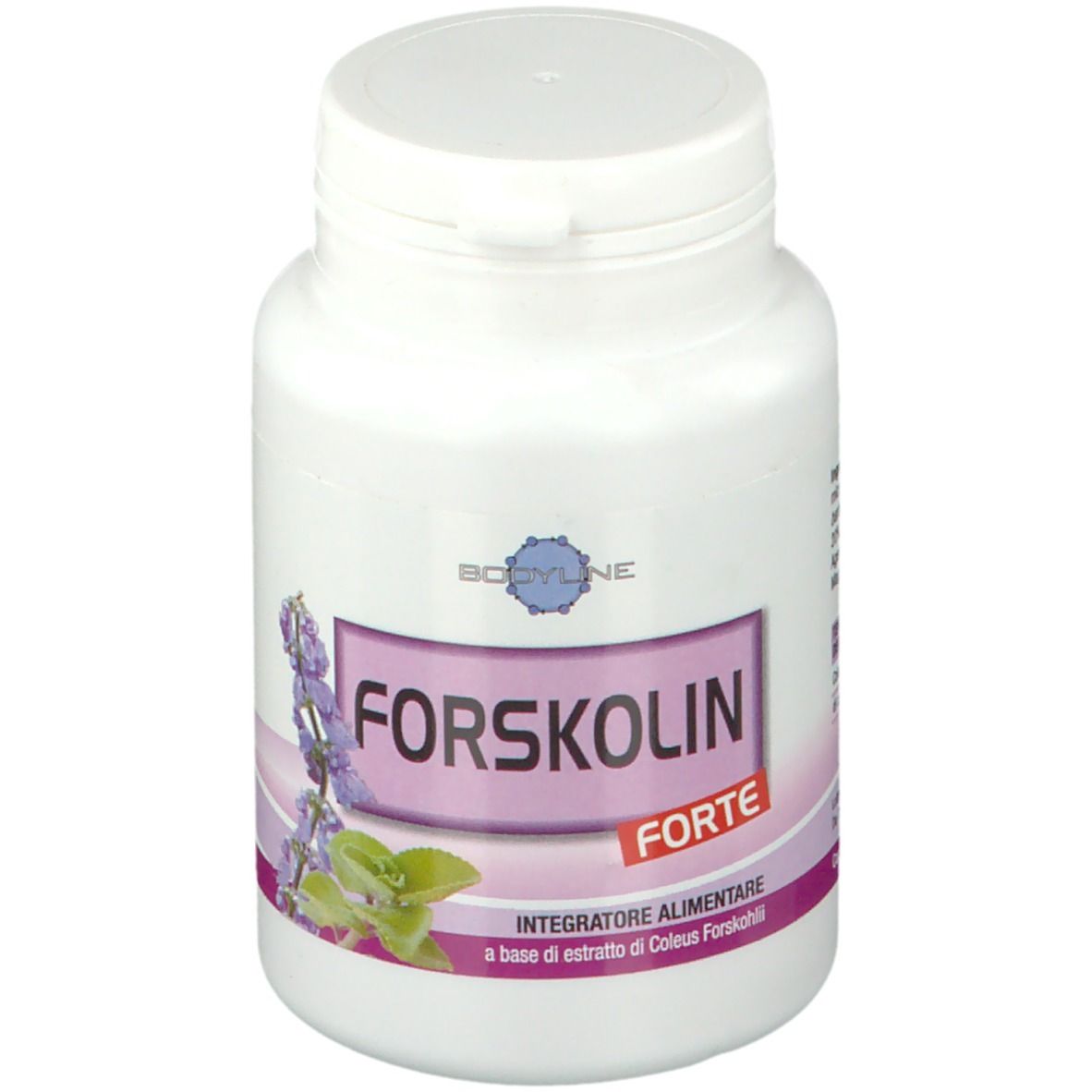 Flacon blanc avec étiquette violette. Inscription: FORSKOLIN FORTE. Logo: Bodyline. Illustration: fleurs et feuilles violettes.