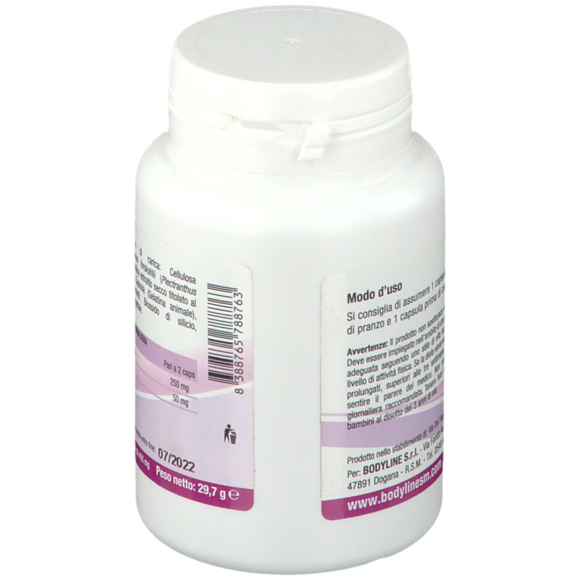 Flacon blanc avec étiquette violette. Inscription: FORSKOLIN FORTE. Mode d'emploi. Texte en italien.