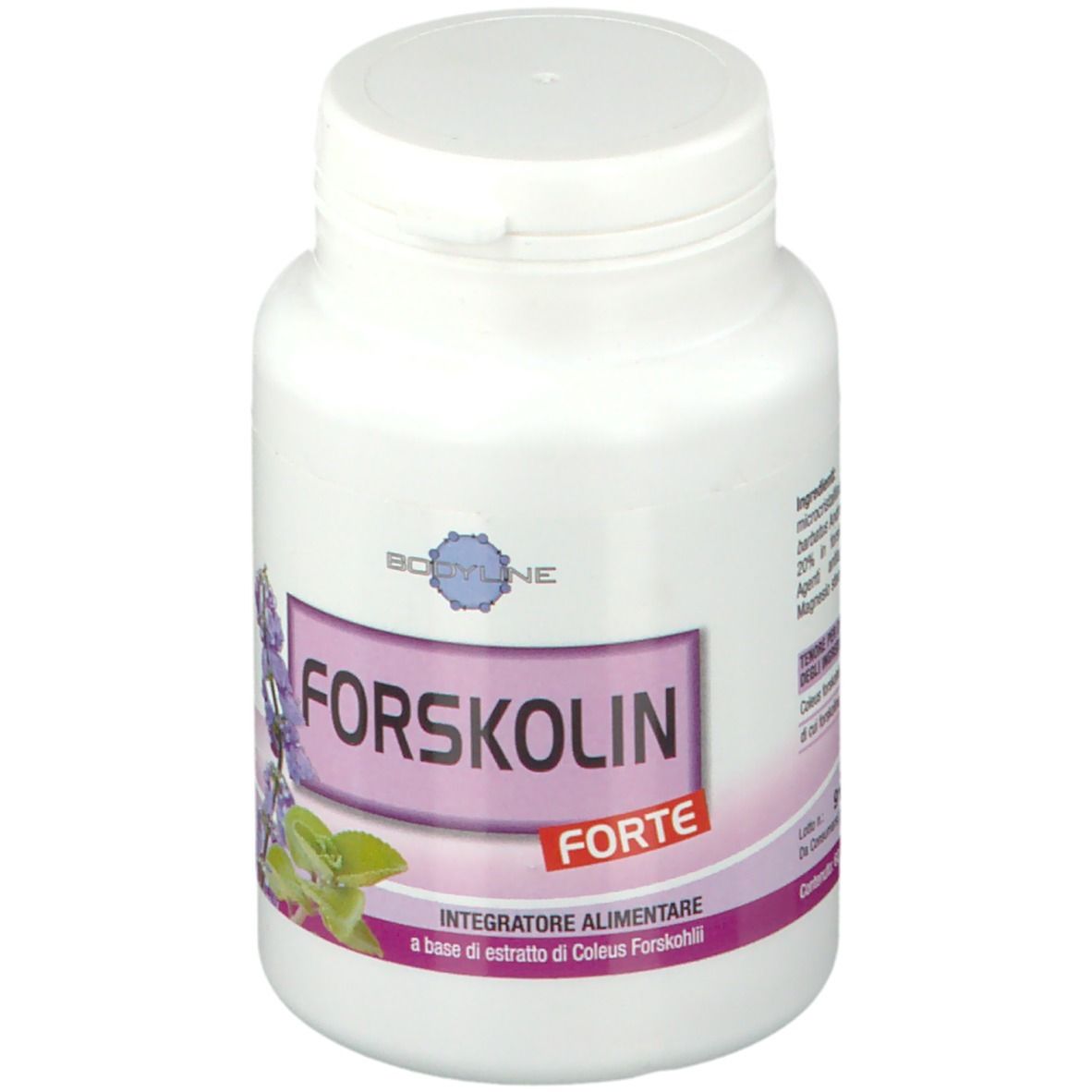 Flacon blanc avec étiquette violette. Inscription: FORSKOLIN FORTE. Logo: Bodyline. Illustration: fleurs et feuilles violettes.