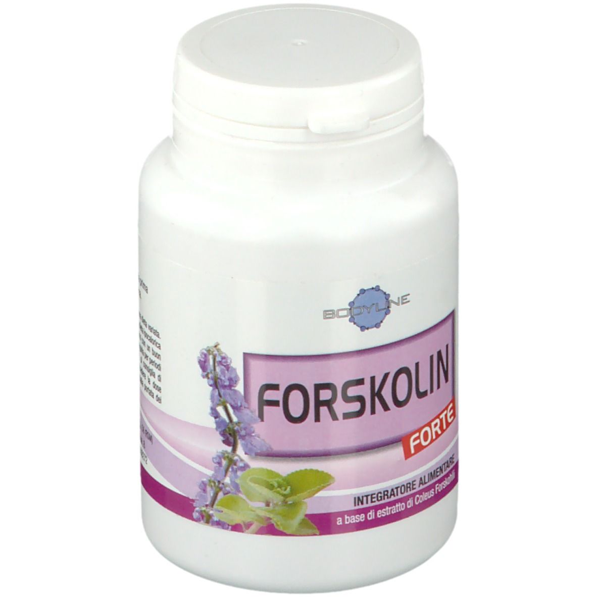 Flacon blanc avec étiquette violette. Inscription: FORSKOLIN FORTE. Logo: Bodyline. Illustration: fleurs et feuilles violettes.