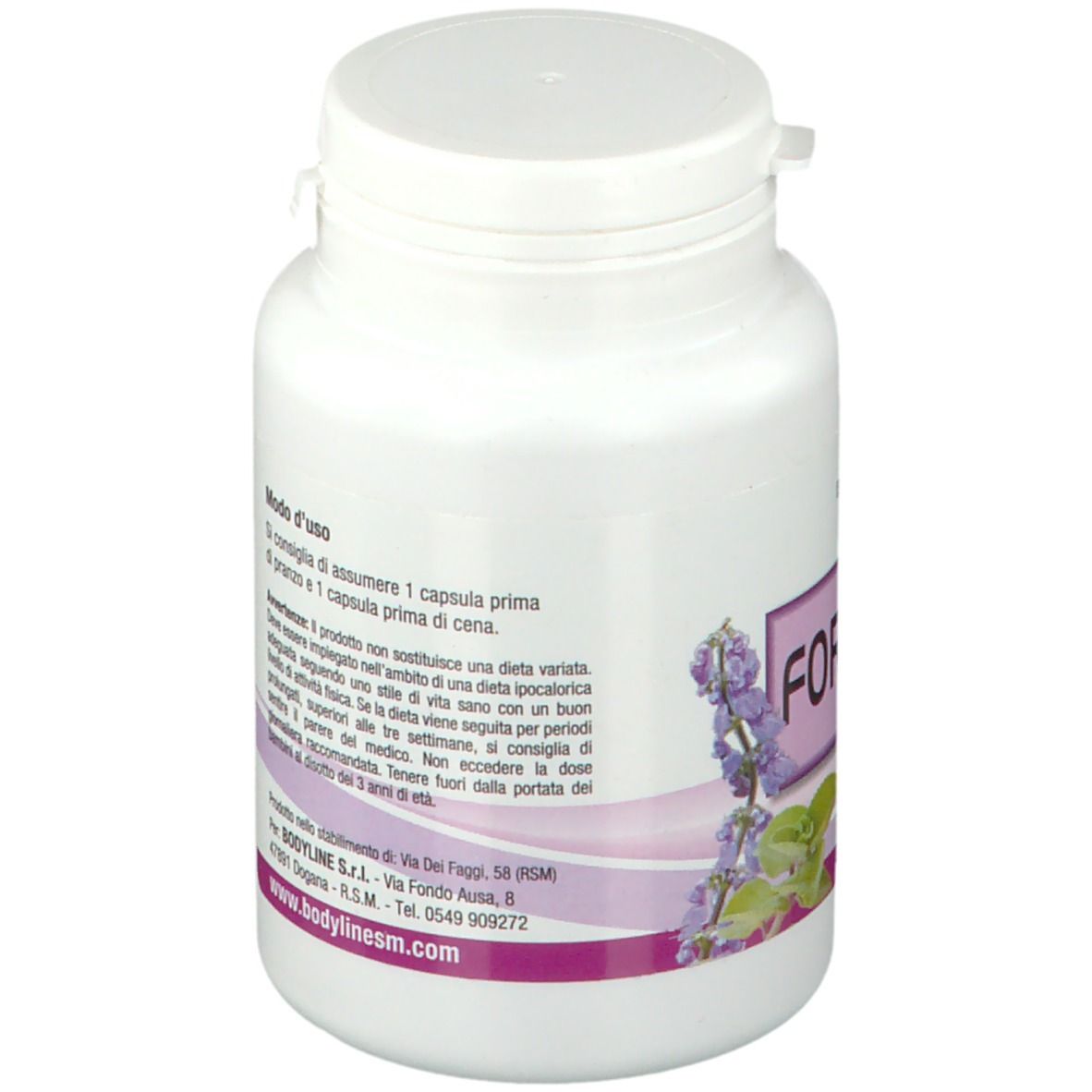 Flacon blanc avec étiquette violette. Inscription: FORSKOLIN FORTE. Mode d'emploi. Texte en italien.