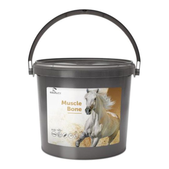Secchio grigio con manico. Adesivo con cavallo e scritta Muscle Bone. Marchio Equality.