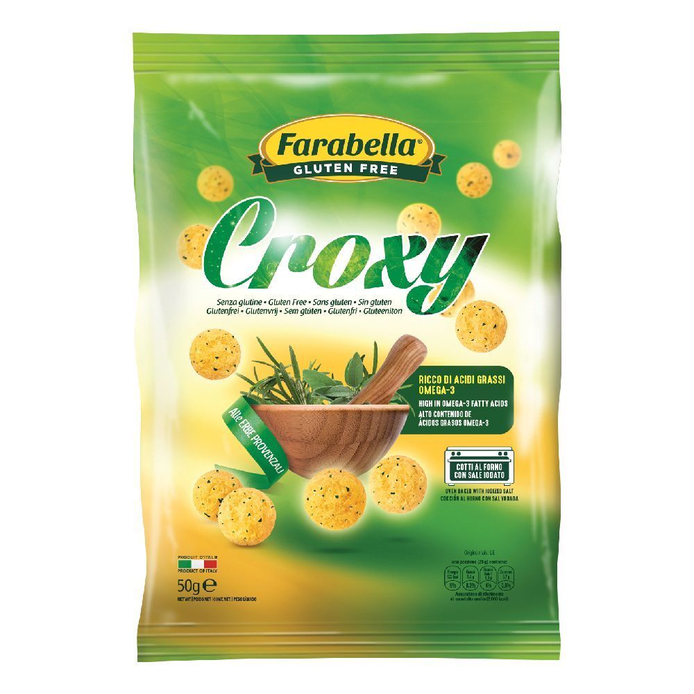 Confezione di Croxy. Design verde e giallo con nome del prodotto ed erbe. Senza glutine.