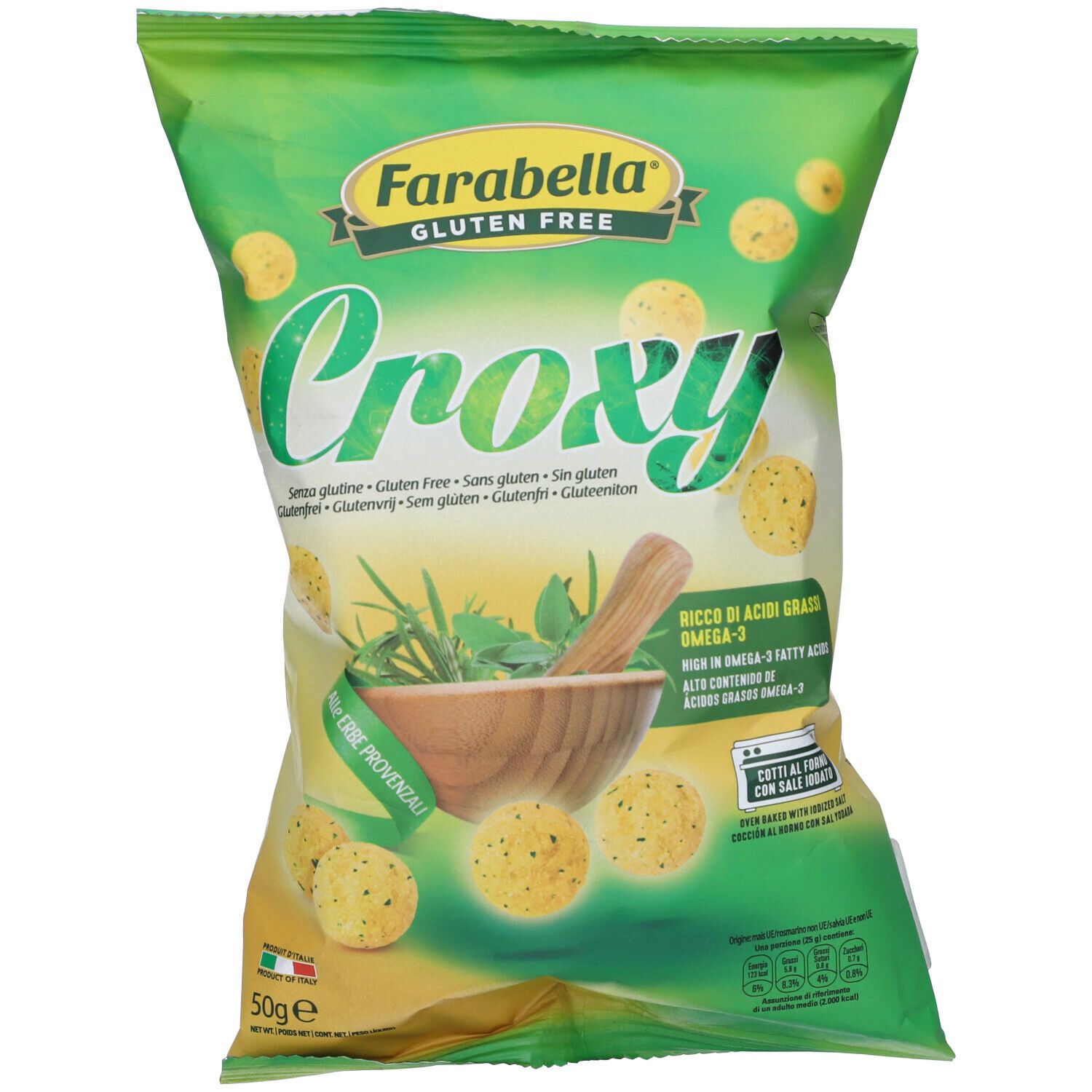Confezione di Croxy. Design verde e giallo con nome del prodotto ed erbe. Senza glutine.