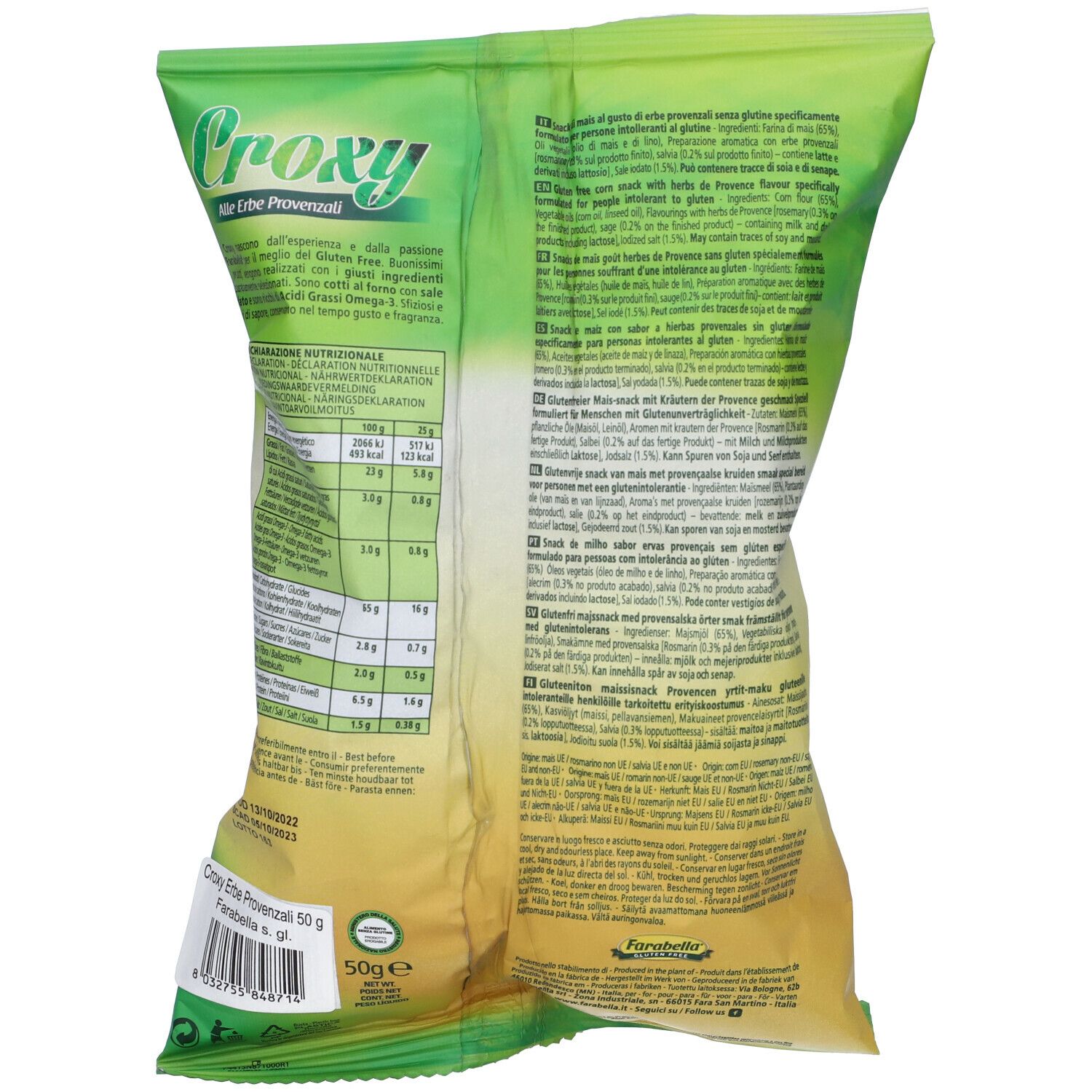 Retro della confezione Croxy. Contiene informazioni nutrizionali e testo multilingue.