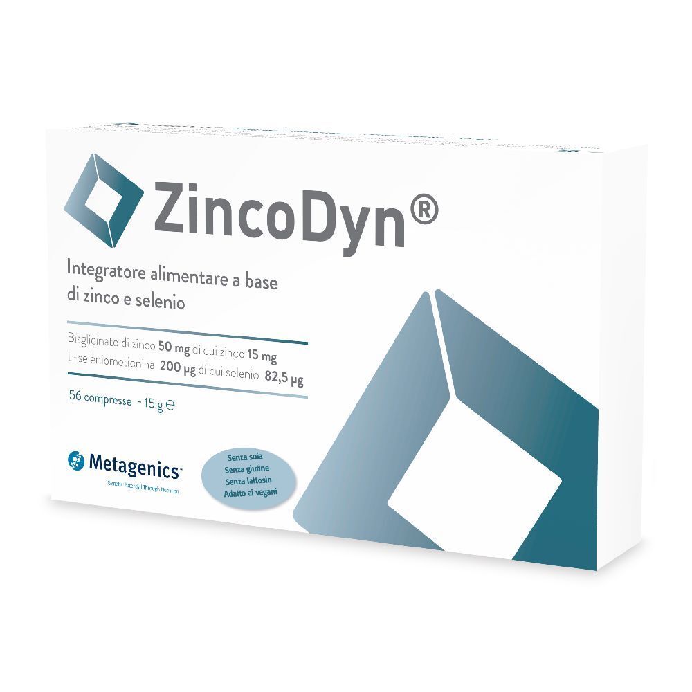 Confezione ZincoDyn®. Scatola bianca con nome del prodotto e informazioni. Marchio Metagenics.