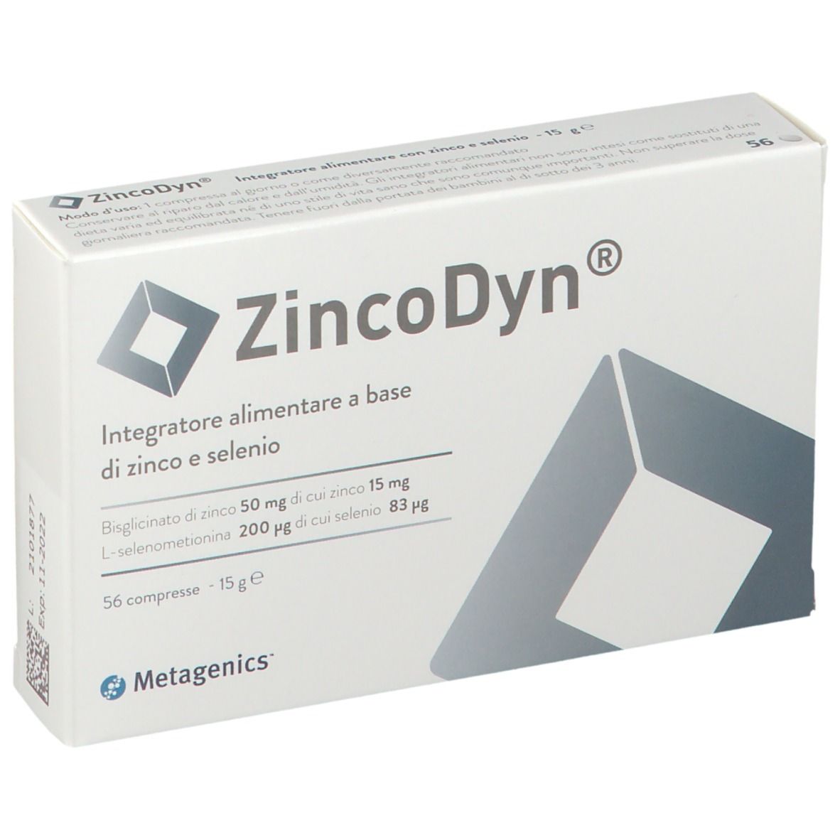 Confezione ZincoDyn®. Scatola bianca con nome del prodotto e informazioni. Marchio Metagenics.