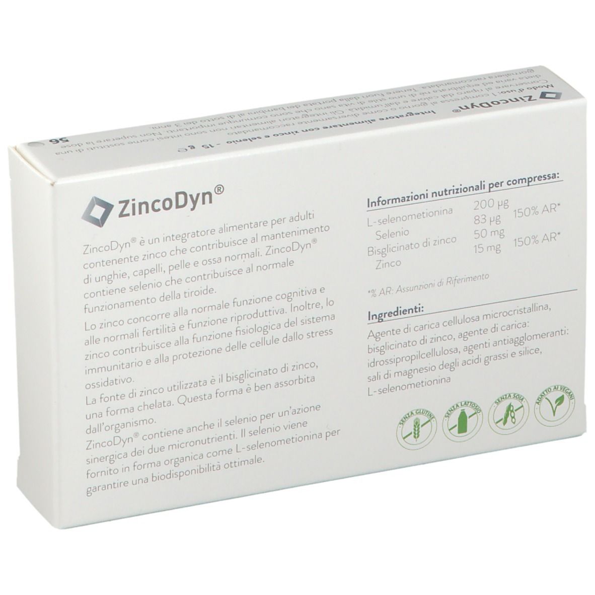 Retro della confezione ZincoDyn®. Contiene informazioni sugli ingredienti e i valori nutrizionali.