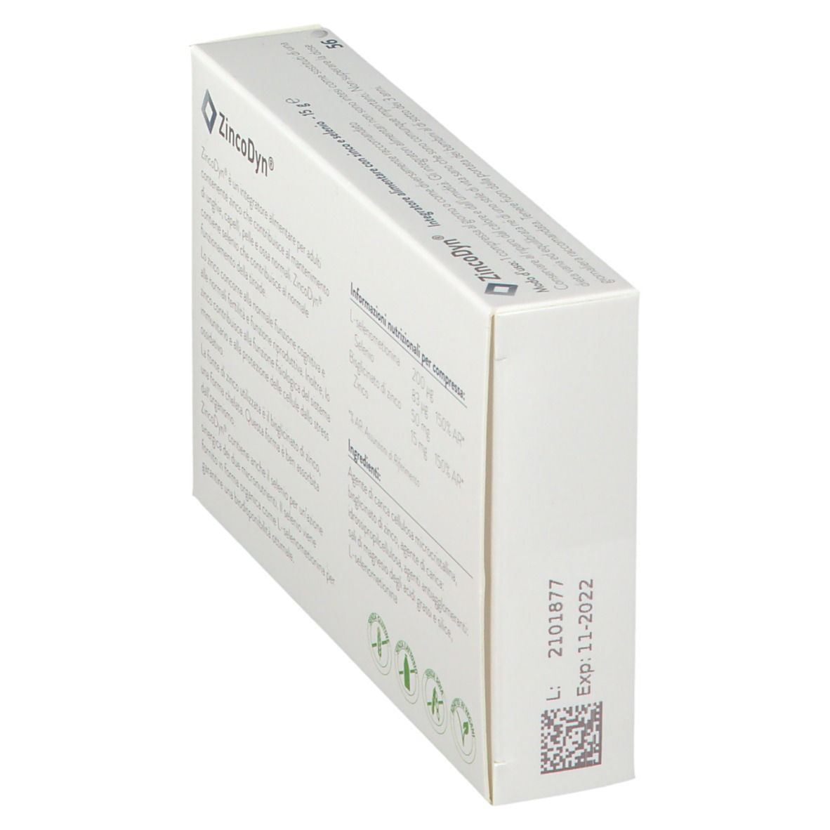 Confezione ZincoDyn®, angolata. Retro con informazioni, numero di lotto e data di scadenza.