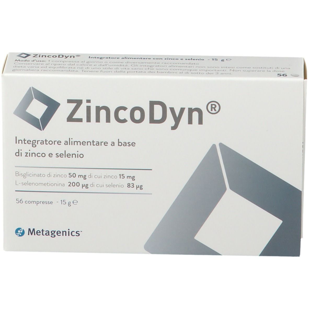 Confezione ZincoDyn®. Scatola bianca con nome del prodotto e informazioni. Marchio Metagenics.