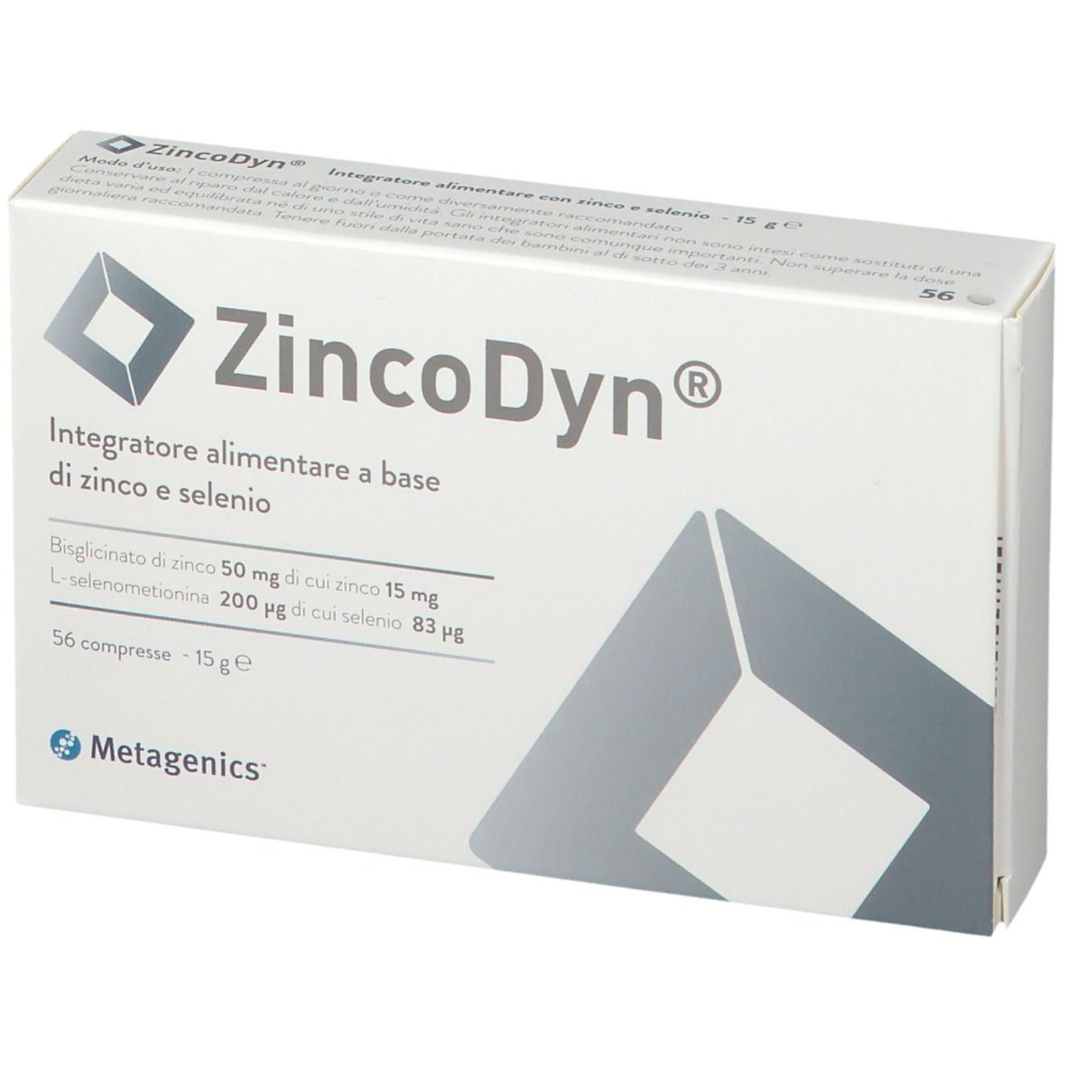 Confezione ZincoDyn®. Scatola bianca con nome del prodotto e informazioni. Marchio Metagenics.