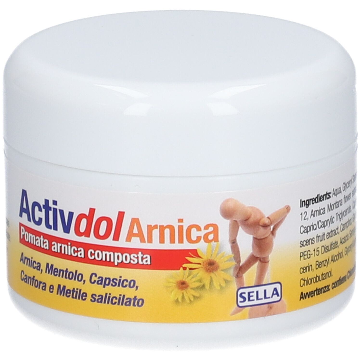 Weißer Tiegel mit roter und gelber Beschriftung. Text: Activdol Arnica, Pomata arnica composta. Sella-Logo.