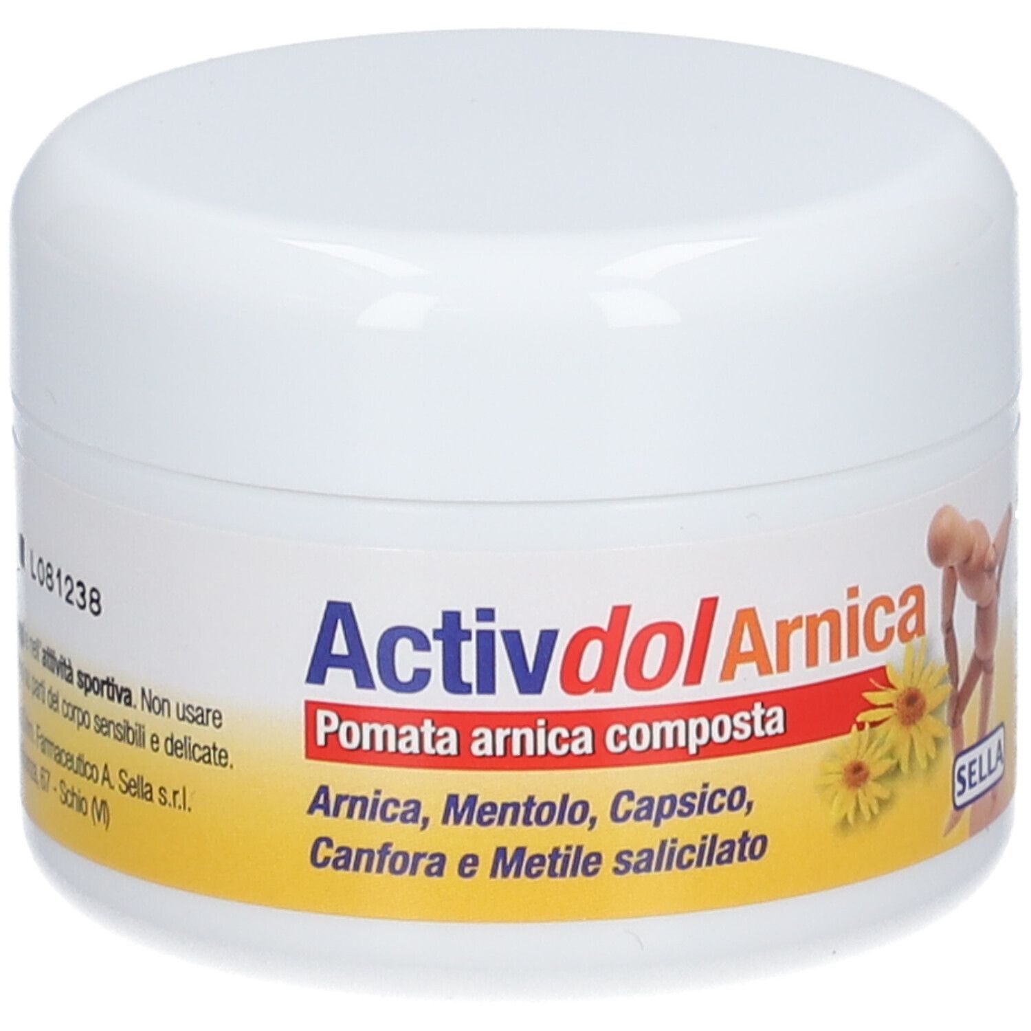 Weißer Tiegel mit roter und gelber Beschriftung. Text: Activdol Arnica, Pomata arnica composta. Sella-Logo.