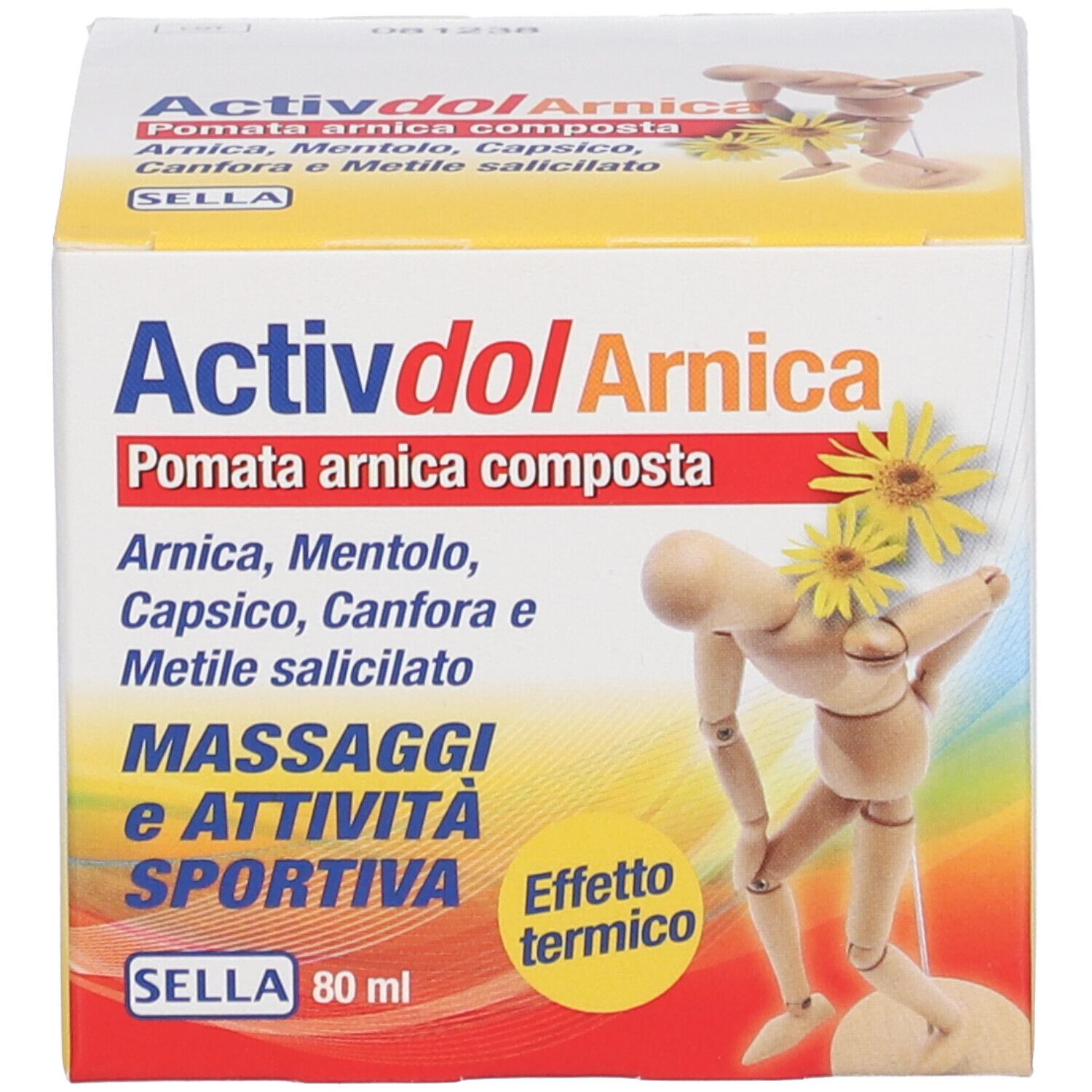 Schachtel mit Text. Text: Activdol Arnica, Pomata arnica composta. Sella-Logo. 80 ml.