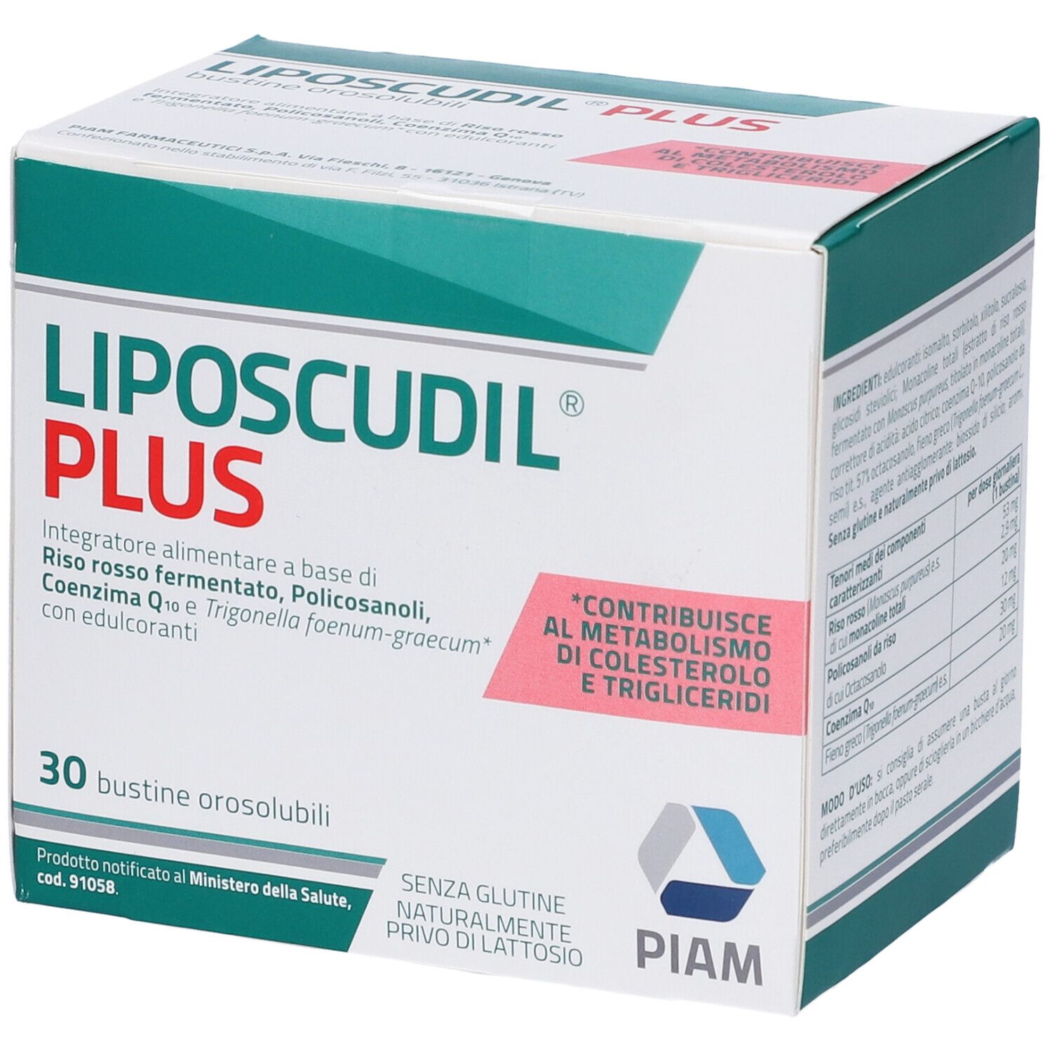 Scatola "Liposcudil Plus". Design verde e bianco. Testo: "30 bustine orosolubili", "Senza glutine".