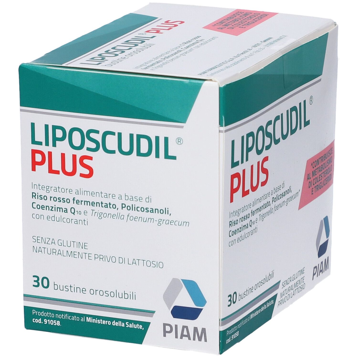 Scatola "Liposcudil Plus". Design verde e bianco. Testo: "30 bustine orosolubili", "Senza glutine". Logo PIAM.