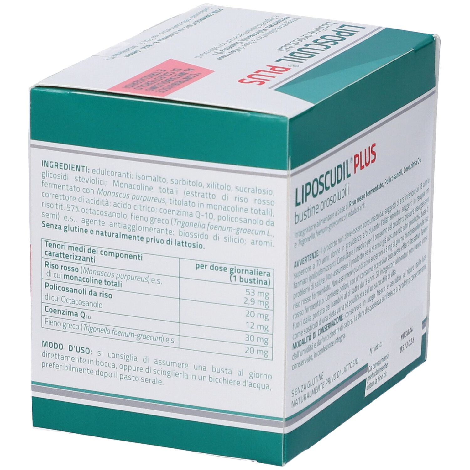 Scatola "Liposcudil Plus". Dettaglio ingredienti. Testo: "30 bustine orosolubili", "Senza glutine". Logo PIAM.