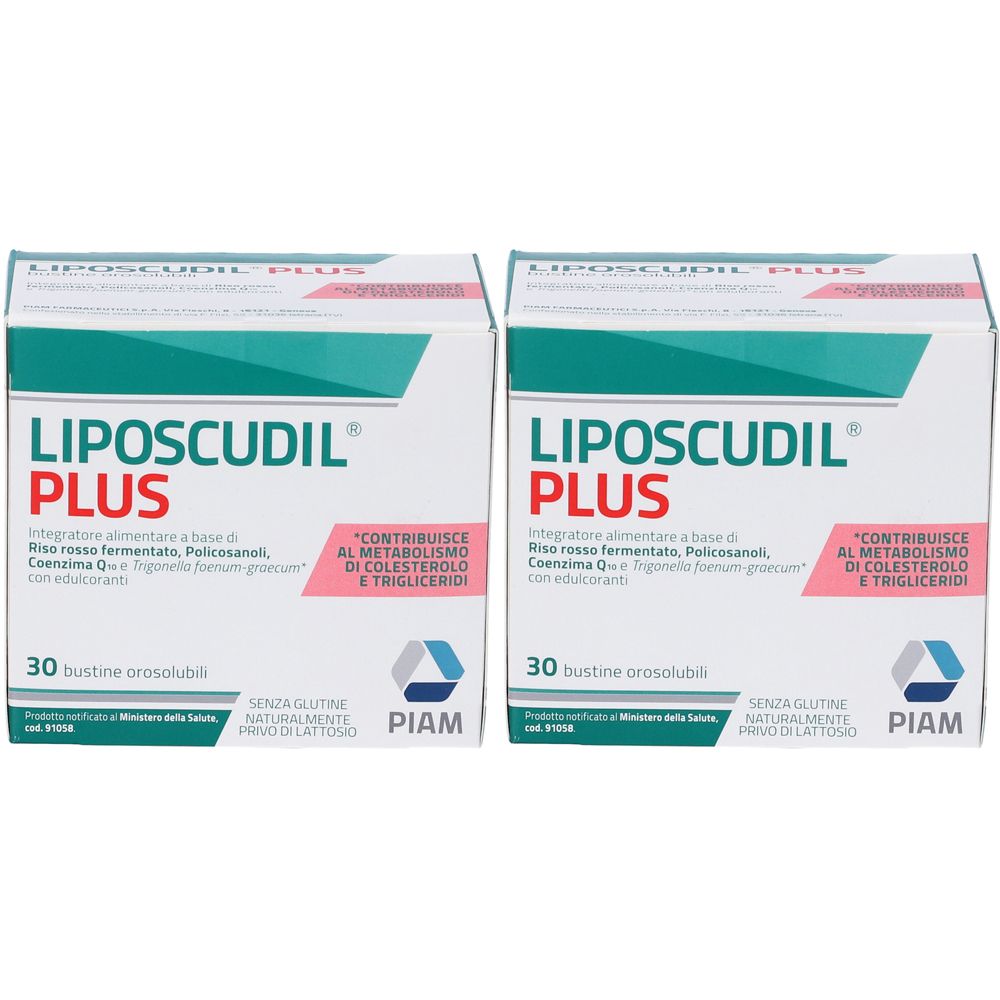 Due scatole "Liposcudil Plus". Design verde e bianco. Testo: "30 bustine orosolubili", "Senza glutine".