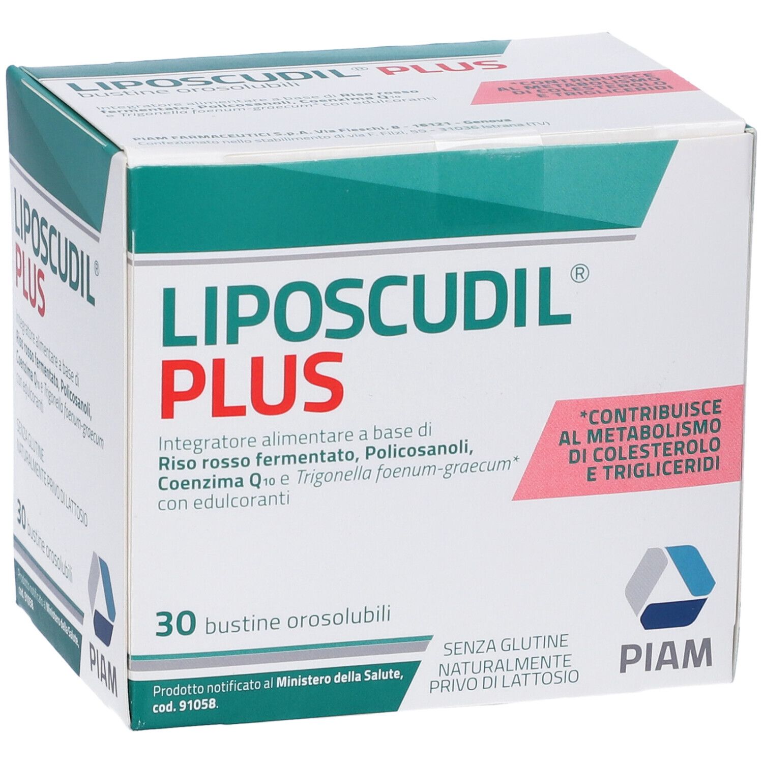 Scatola "Liposcudil Plus". Design verde e bianco. Testo: "30 bustine orosolubili", "Senza glutine". Logo PIAM.