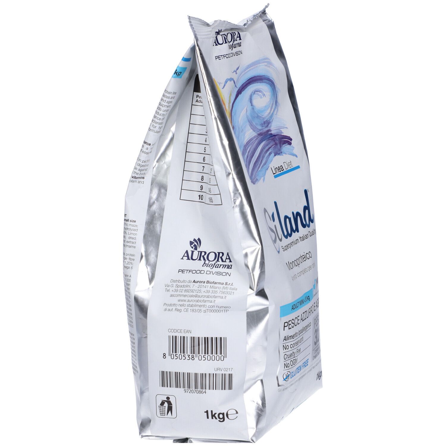Lato del sacchetto di cibo per cani Siland. Confezione argentata con informazioni e peso: 1 kg.