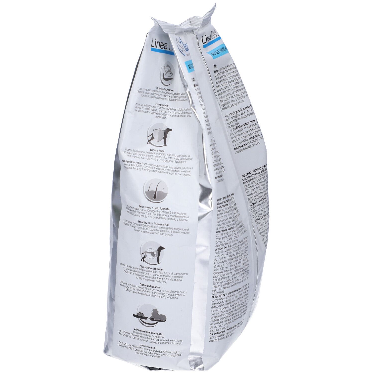 Lato del sacchetto di cibo per cani Siland. Illustrazioni dei benefici del cibo. Sfondo bianco.