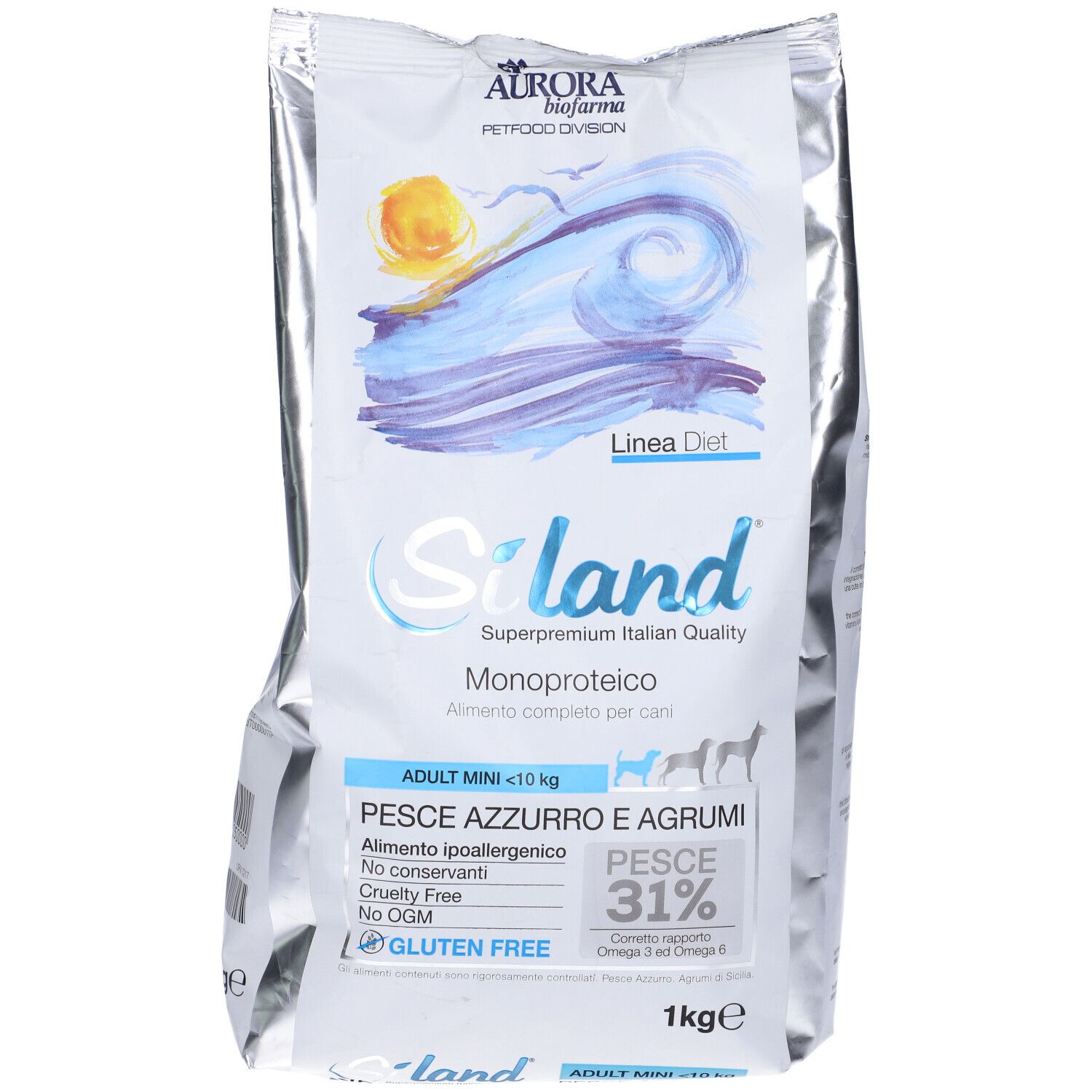 Sacchetto di cibo per cani Siland. Confezione argentata con nome e informazioni. Gusto pesce e agrumi, 1 kg.