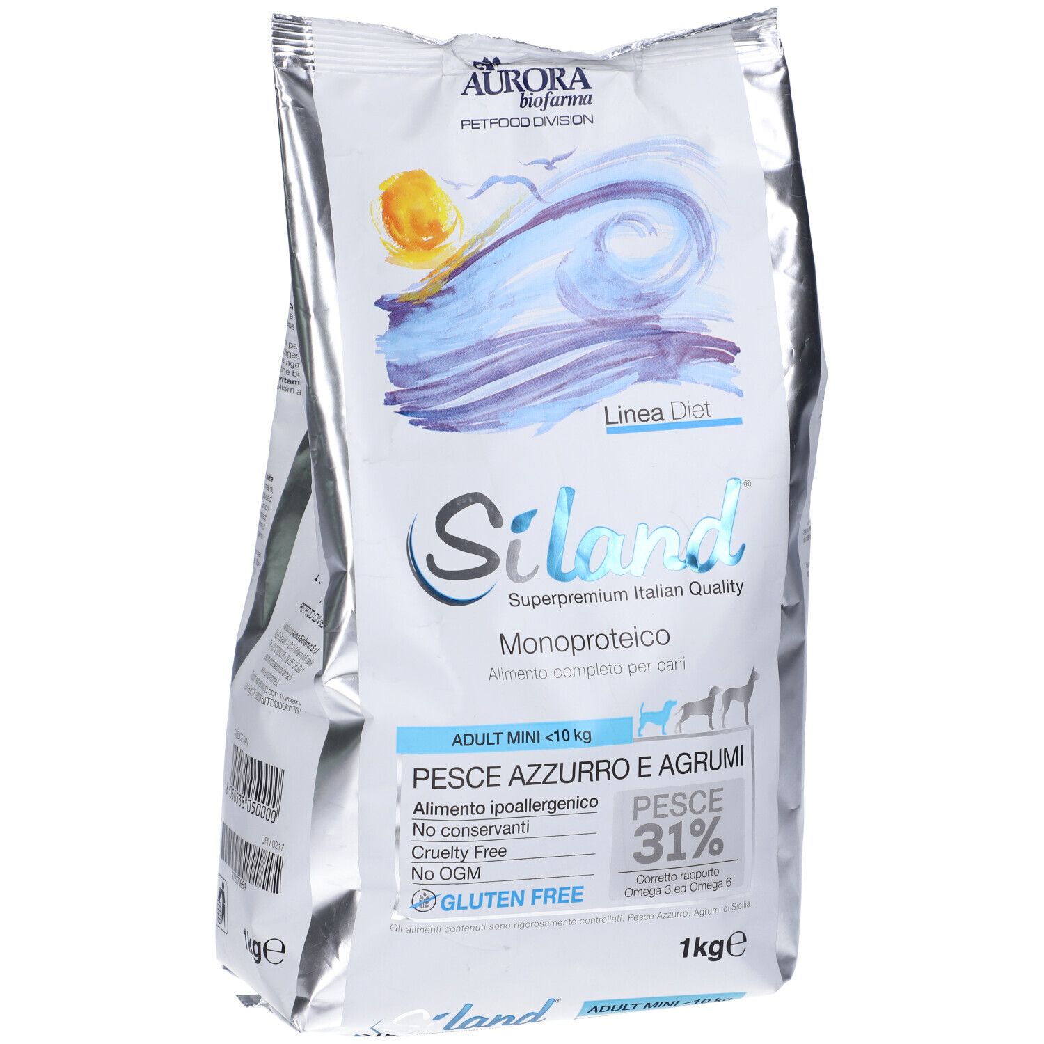 Sacchetto di cibo per cani Siland. Confezione argentata con nome e informazioni. Gusto pesce e agrumi, 1 kg.