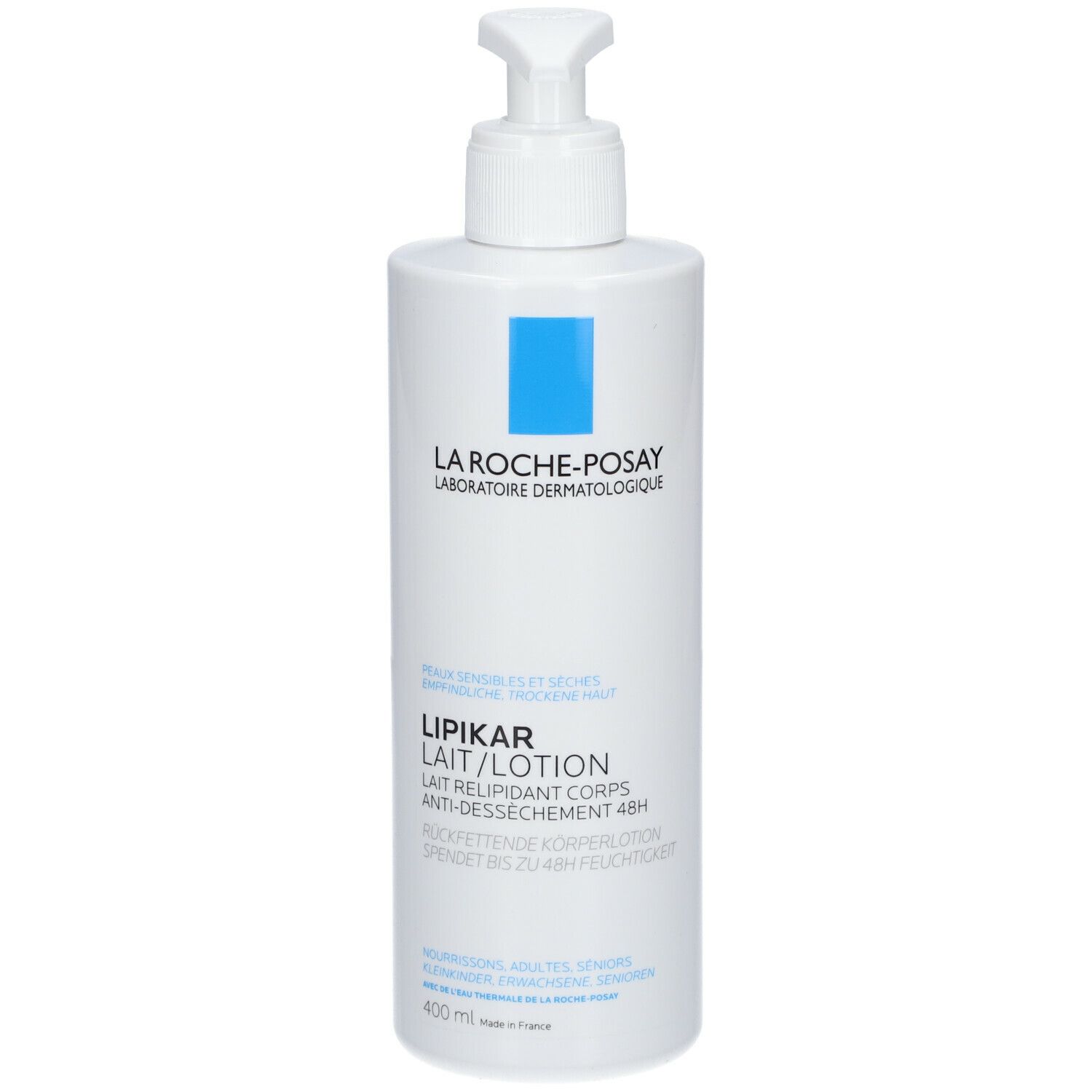Flacone bianco con dosatore. Loghi e testo blu. Scritta: LIPIKAR LAIT/LOTION. 400 ml.