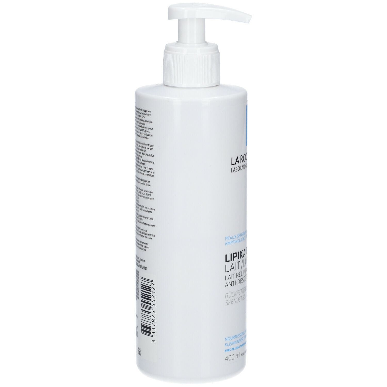 Flacone bianco con dosatore. Testo e codice a barre sul retro. 400 ml.