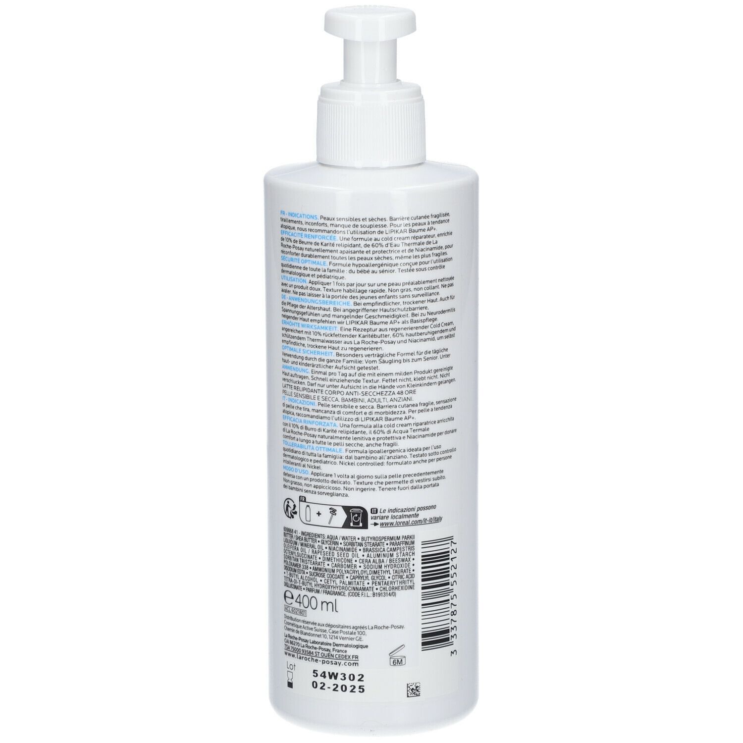 Flacone bianco con dosatore. Loghi e testo blu. Scritta: LIPIKAR LAIT/LOTION. 400 ml.