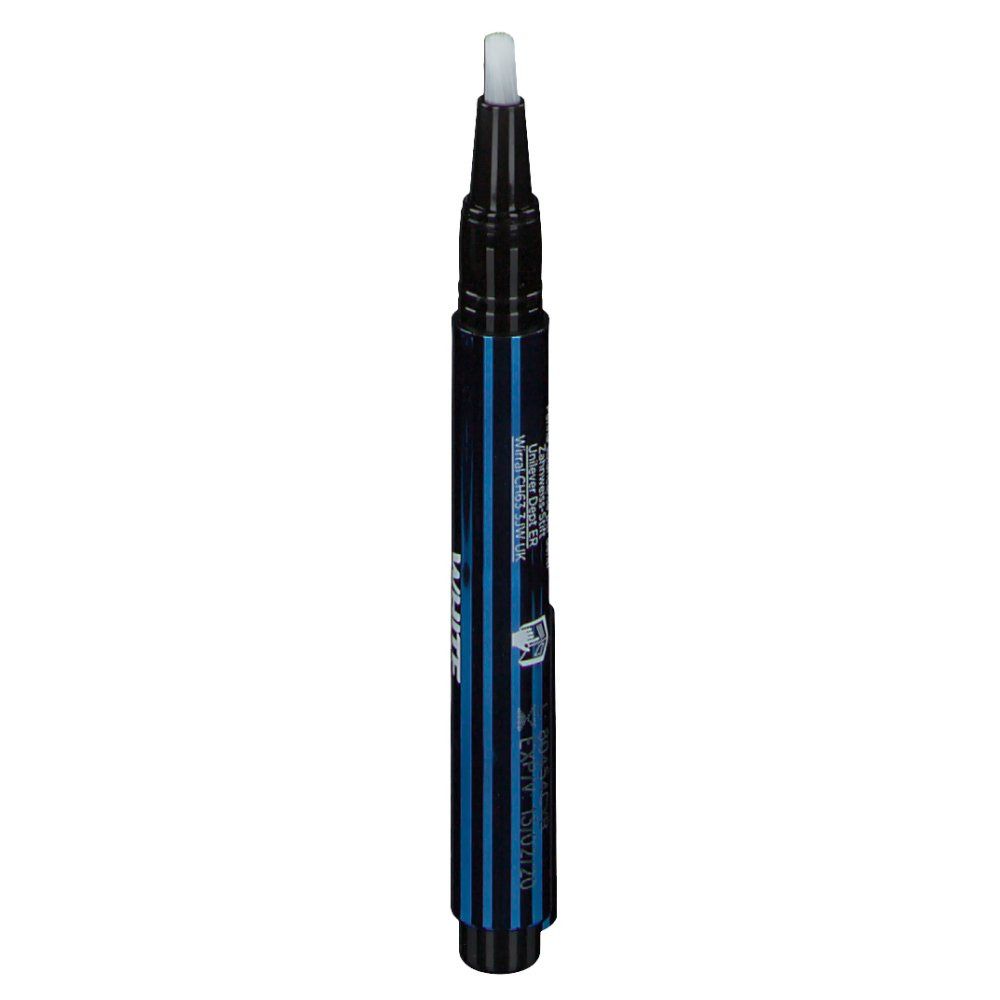Penna sbiancante per denti con punta bianca e corpo blu e nero. Scritta: WHITE NOW TOUCH.