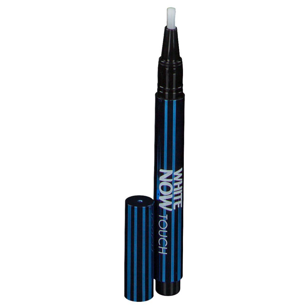 Penna sbiancante per denti con punta bianca e corpo blu e nero. Tappo aperto.