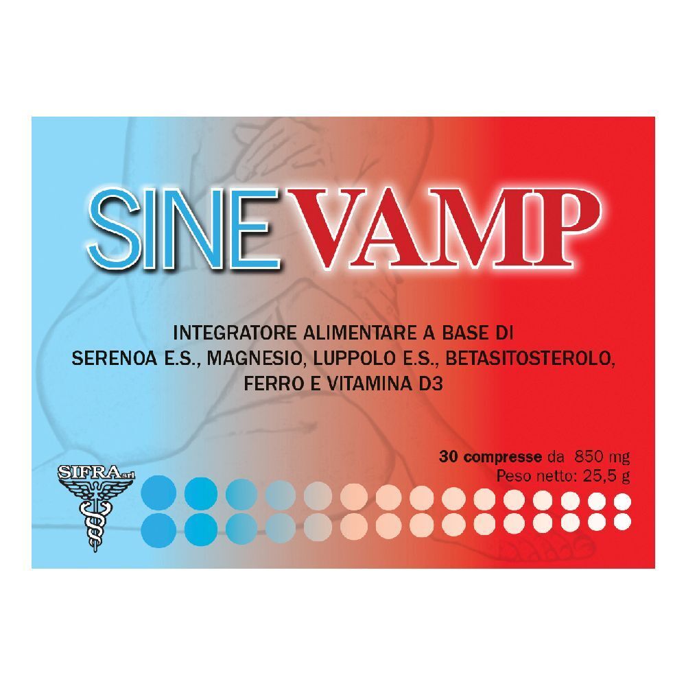 Confezione di SINEVAMP. Contiene 30 compresse. Ingredienti: Serenoa E.S., Magnesio, Luppolo E.S., Betasitosterolo, Ferro e Vitamina D3. Peso netto: 25,5 g.