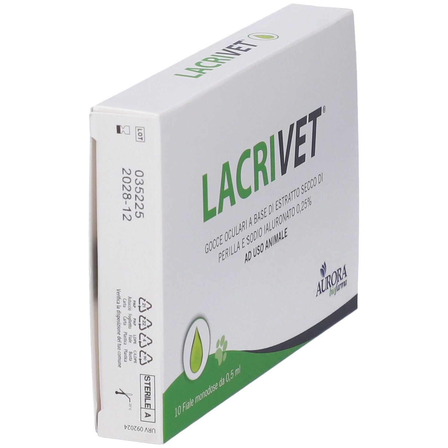 Verpackung für Lacrivet Augentropfen, 10 Einzeldosis-Ampullen à 0,5 ml. Für Tiere.