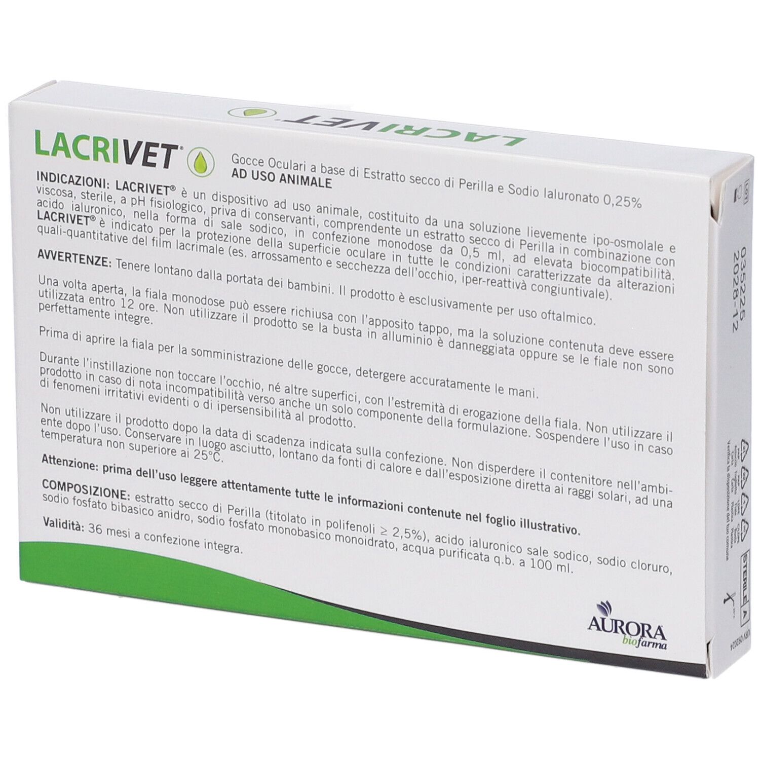 Verpackung für Lacrivet Augentropfen, 10 Einzeldosis-Ampullen à 0,5 ml. Für Tiere.