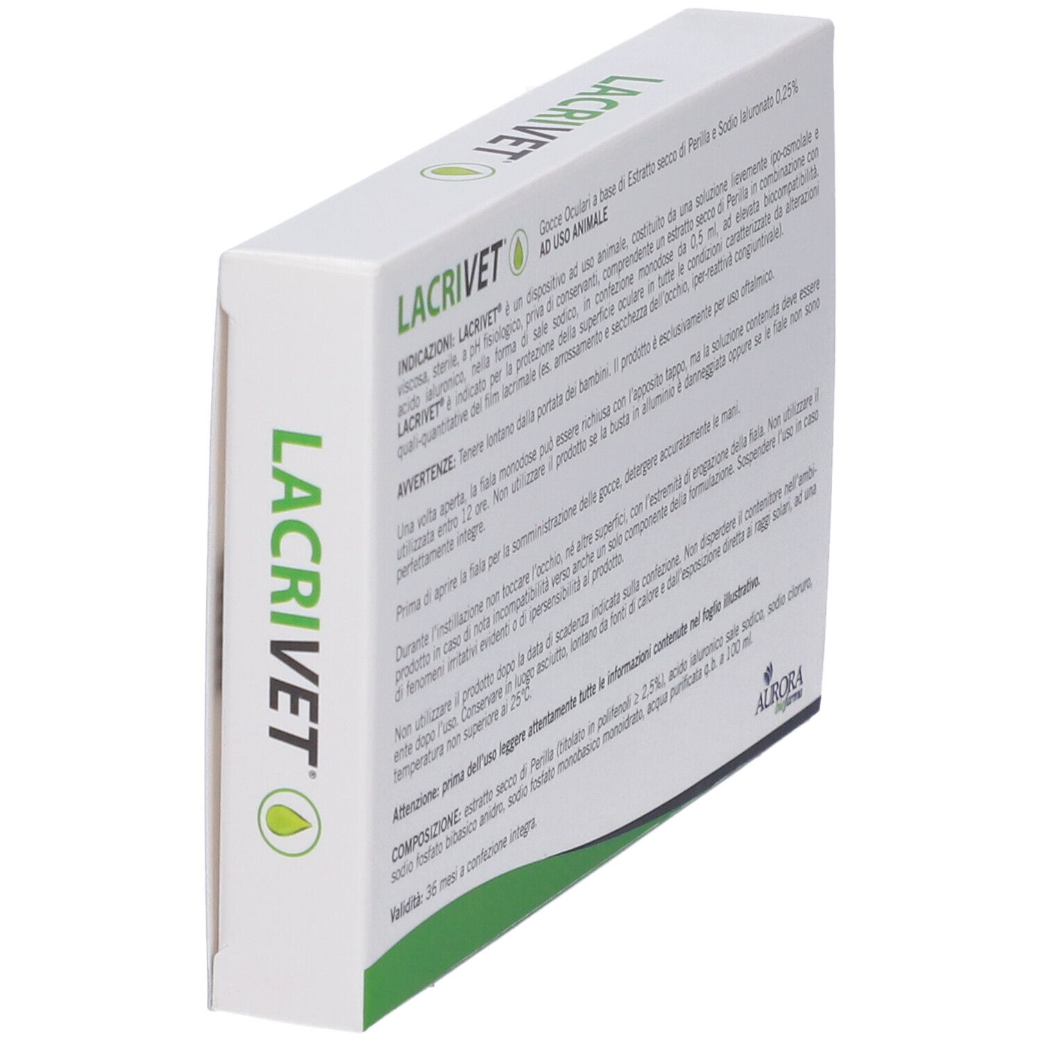 Verpackung für Lacrivet Augentropfen, 10 Einzeldosis-Ampullen à 0,5 ml. Für Tiere.