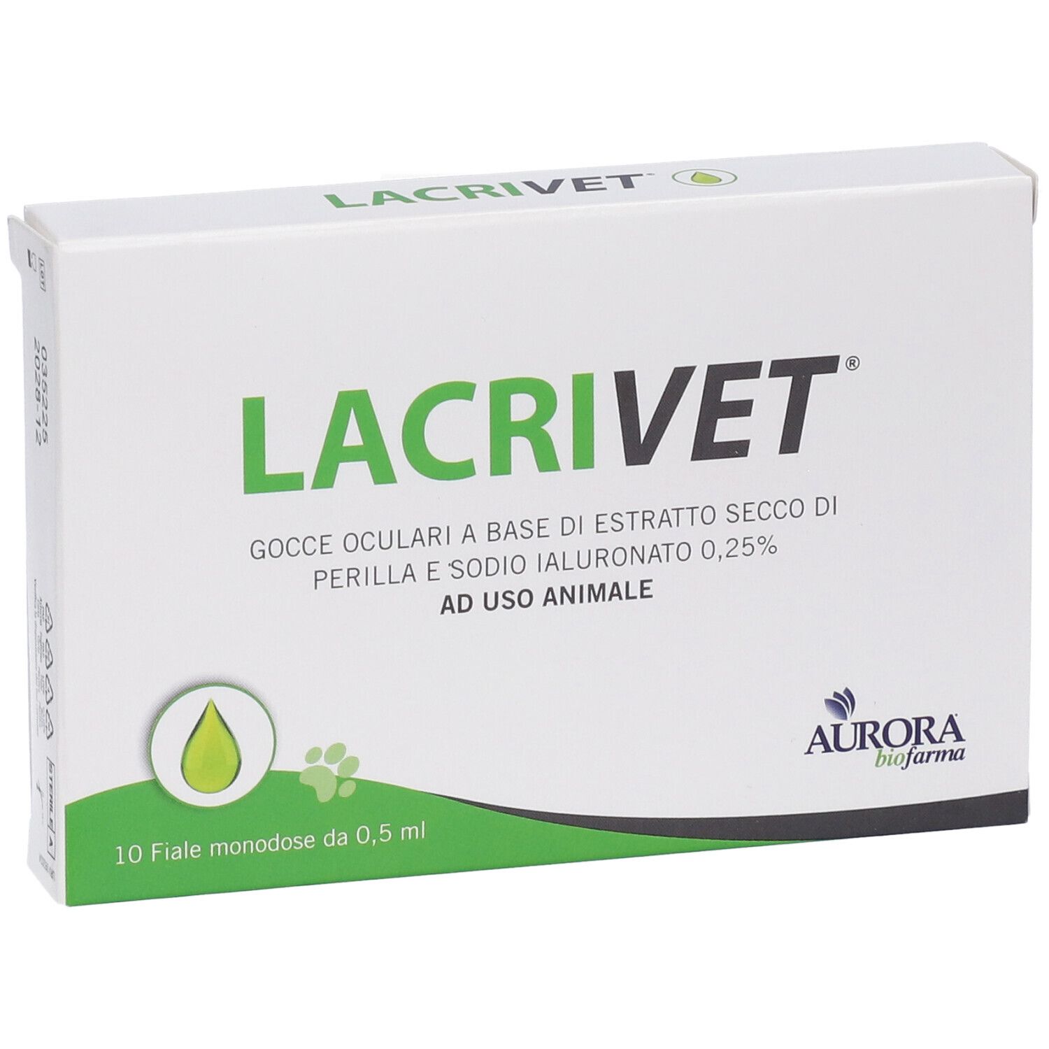 Verpackung für Lacrivet Augentropfen, 10 Einzeldosis-Ampullen à 0,5 ml. Für Tiere.