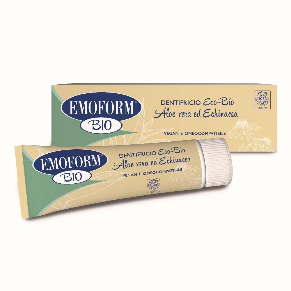 Zahnpasta-Tube und Schachtel. Aufschrift: Emoform Bio, Aloe vera ed Echinacea. Vegan und omeokompatibel.