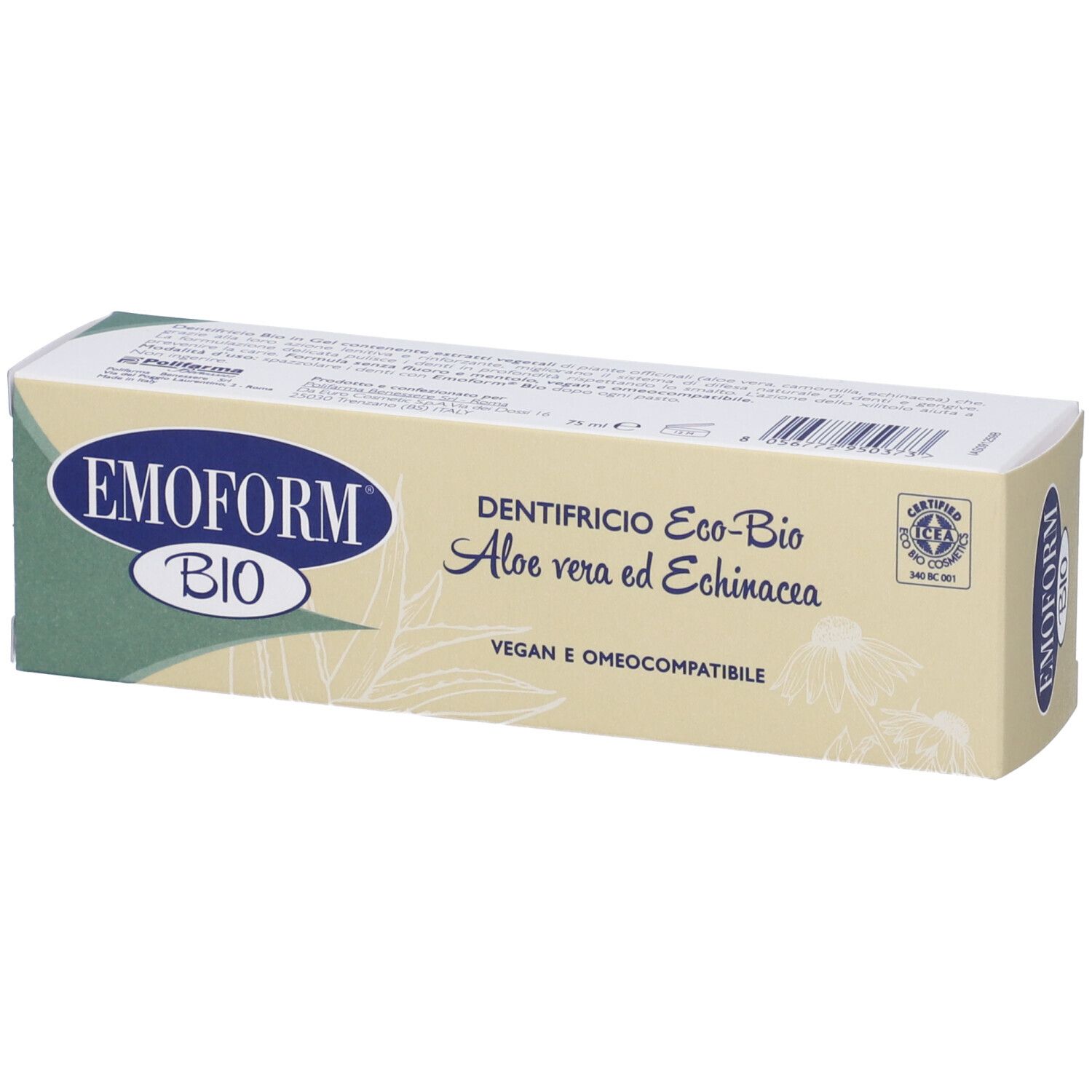 Zahncreme-Verpackung. Aufschrift: Emoform Bio, Dentifricio Eco-Bio, Aloe vera ed Echinacea. Vegan und omeokompatibel.