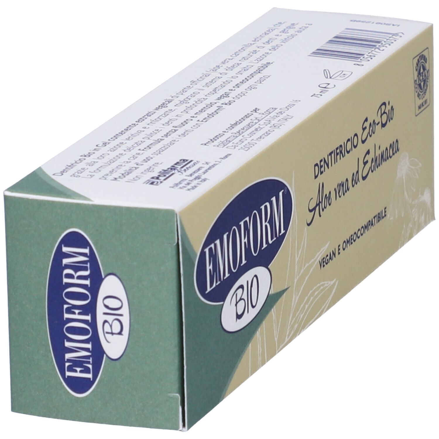 Zahncreme-Verpackung, schräg. Aufschrift: Emoform Bio, Dentifricio Eco-Bio, Aloe vera ed Echinacea. Vegan und omeokompatibel.