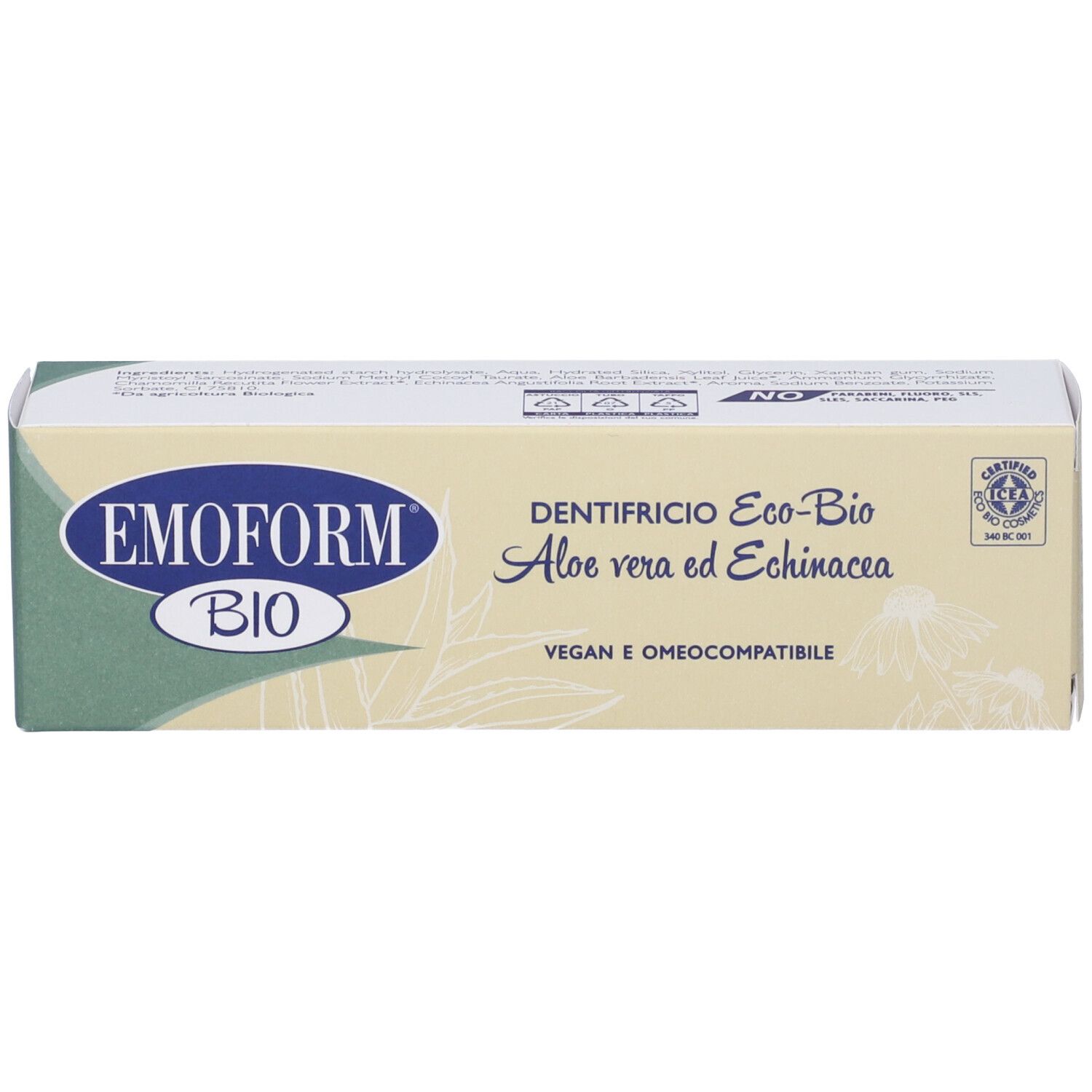 Zahncreme-Verpackung. Aufschrift: Emoform Bio, Dentifricio Eco-Bio, Aloe vera ed Echinacea. Vegan und omeokompatibel.