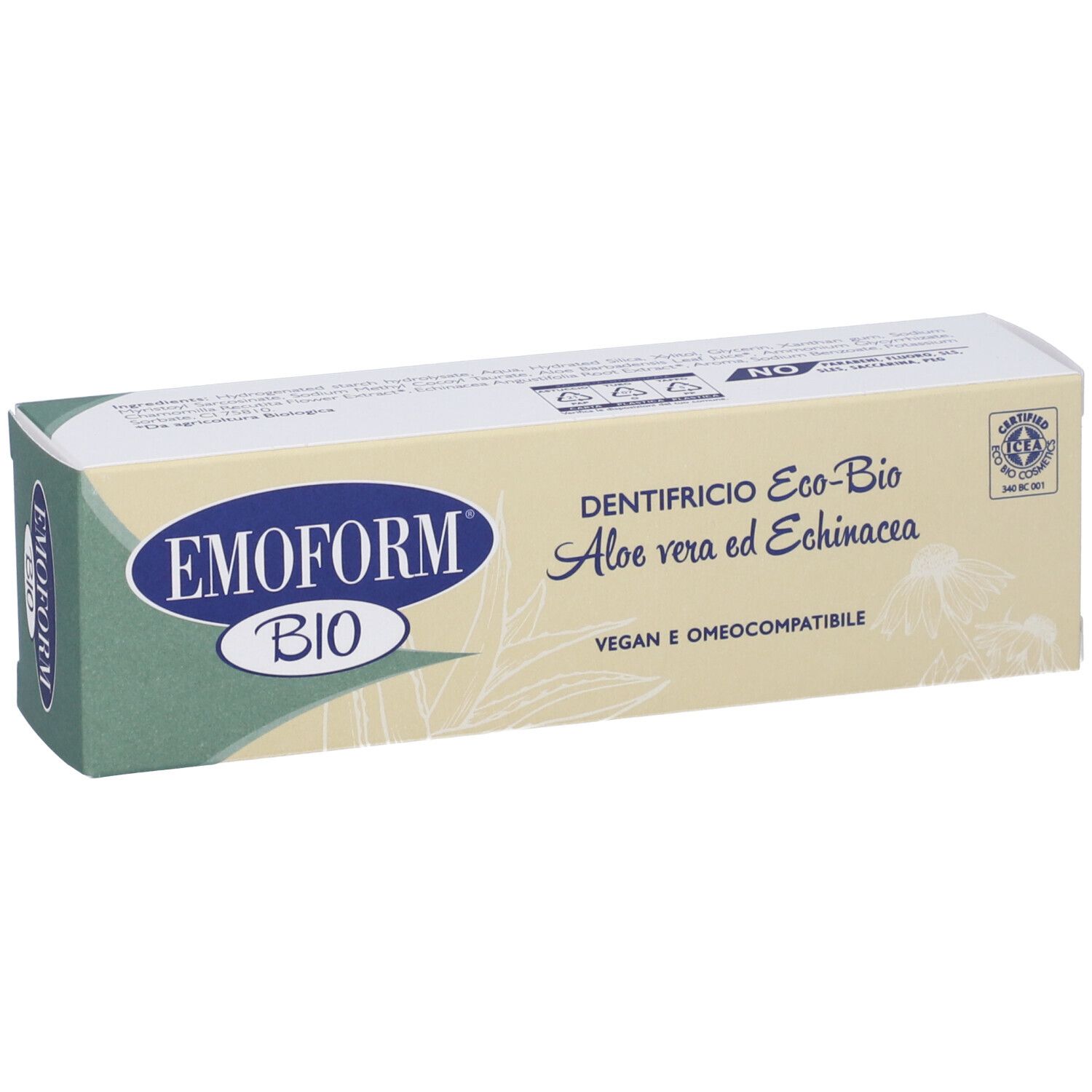 Zahncreme-Verpackung. Aufschrift: Emoform Bio, Dentifricio Eco-Bio, Aloe vera ed Echinacea. Vegan und omeokompatibel.