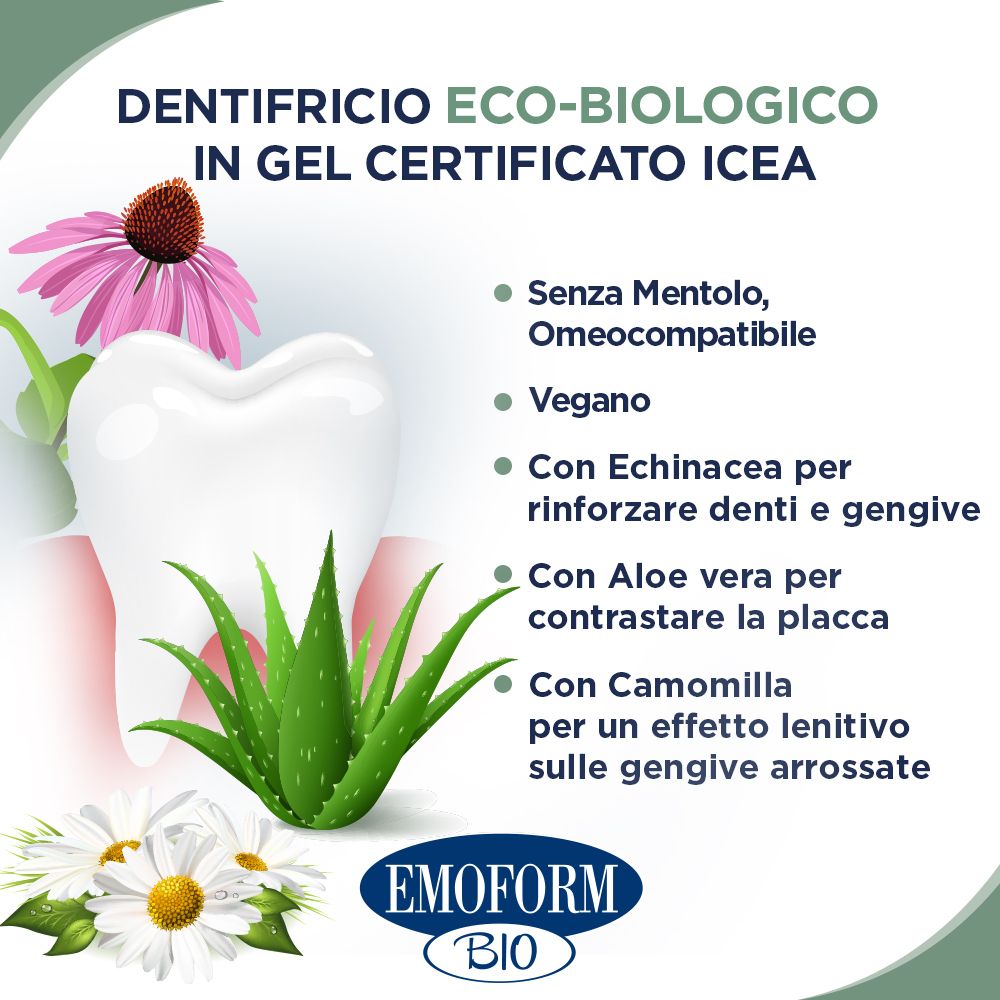 Zahn und Pflanzen. Aufschrift: Emoform Bio. Eigenschaften: ohne Menthol, vegan, mit Echinacea, Aloe vera und Kamille.