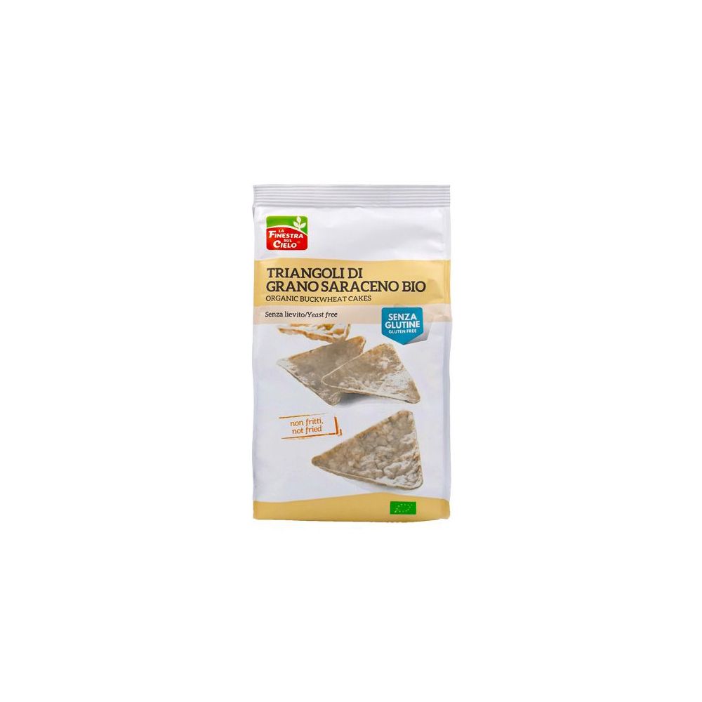 Confezione di gallette di grano saraceno bio triangolari. Sigillo senza glutine. Scritta: Triangoli di Grano Saraceno Bio.